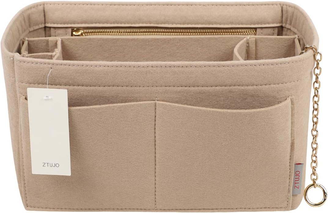 ZTUJO Purse Organizer Insert, Felt Purse Organizer with Zipper and Sewn Bottom Insert, Fit Speedy Neverfull Gracefull, Tote, Handbag, 5 Sizes (Medium,Beige)