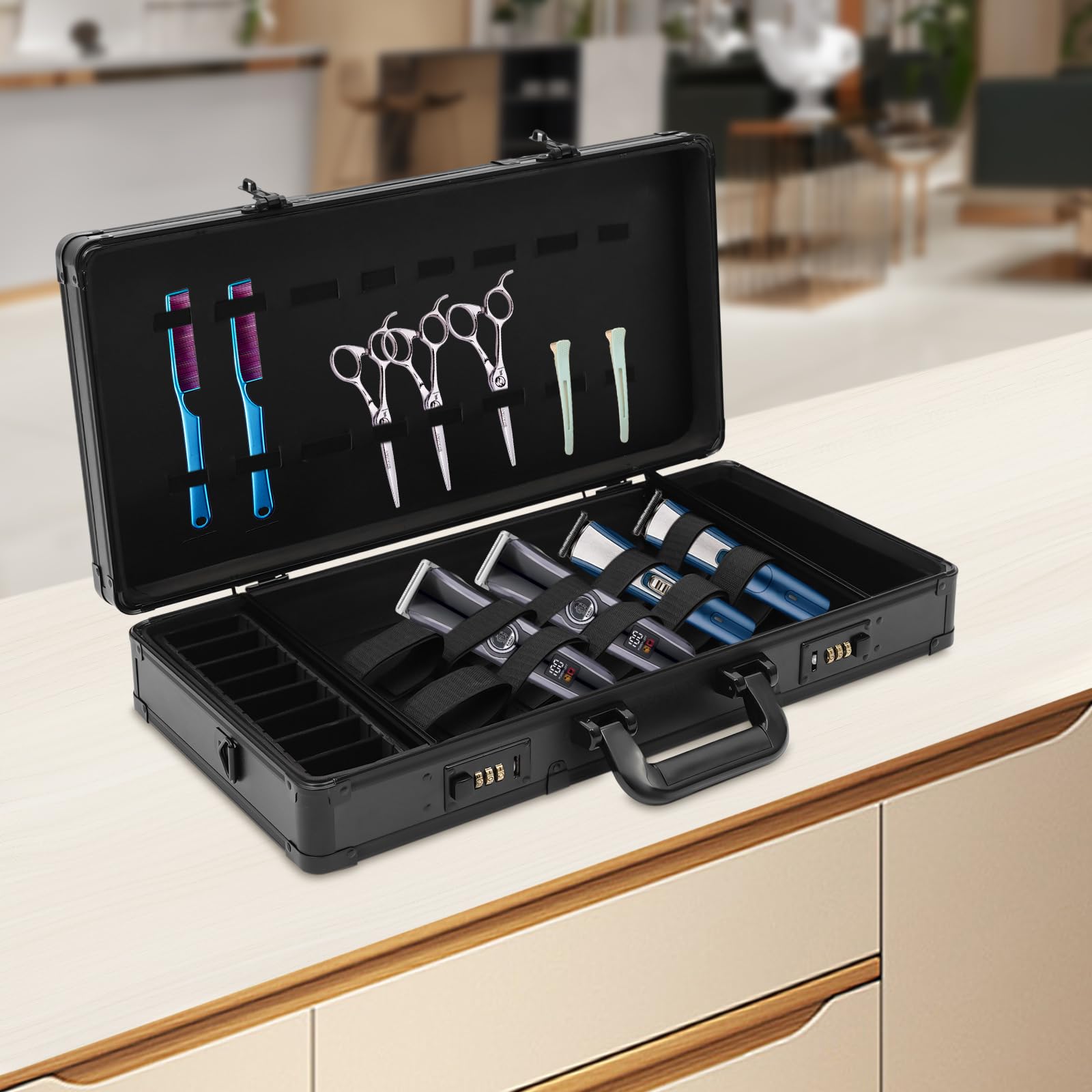 Stylist Barber Tragetasche Kämme Werkzeuge Organizer Friseursalon Koffer Schloss,Double Combination Lock Design,Elastische Bänder & Bänder,für die Aufbewahrung von Friseurwerkzeugen und Friseurzubehör