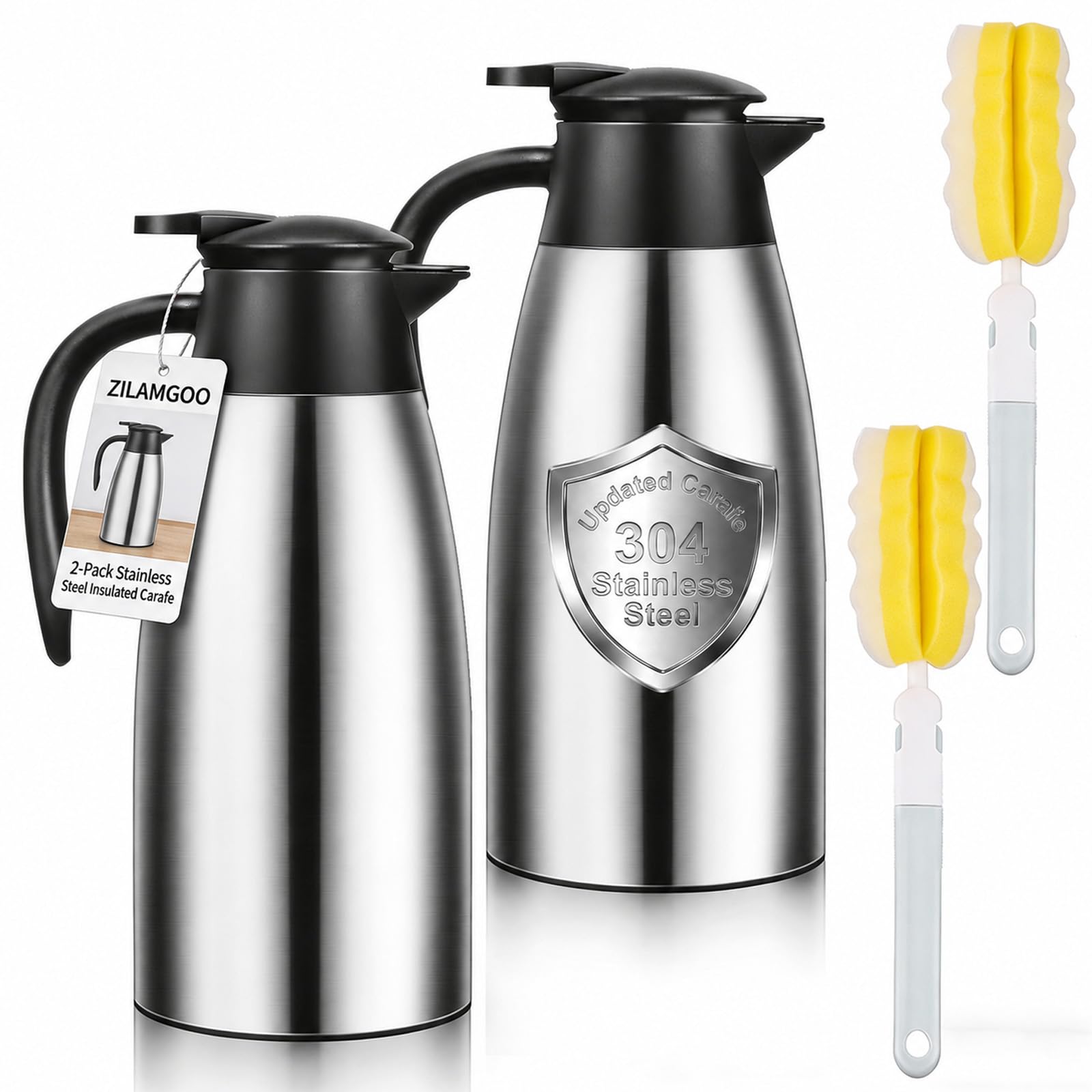 2 jarras térmicas de café de acero inoxidable aisladas de 68 onzas para líquido, dispensador de termo de café aislado de doble pared con cepillos para café y té, mantiene 12 horas calientes 24 horas