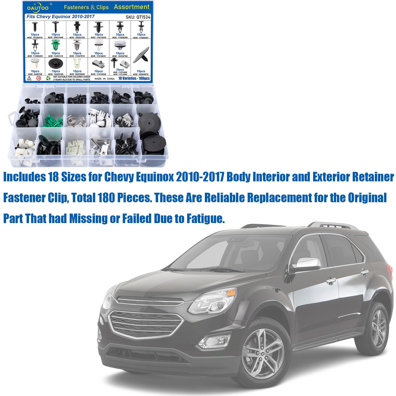 OAUTOO 180pcs fits Chevy Equinox 2010-2017 Auto Body Interior and Exterior Retainer Fastener Clip Assortment