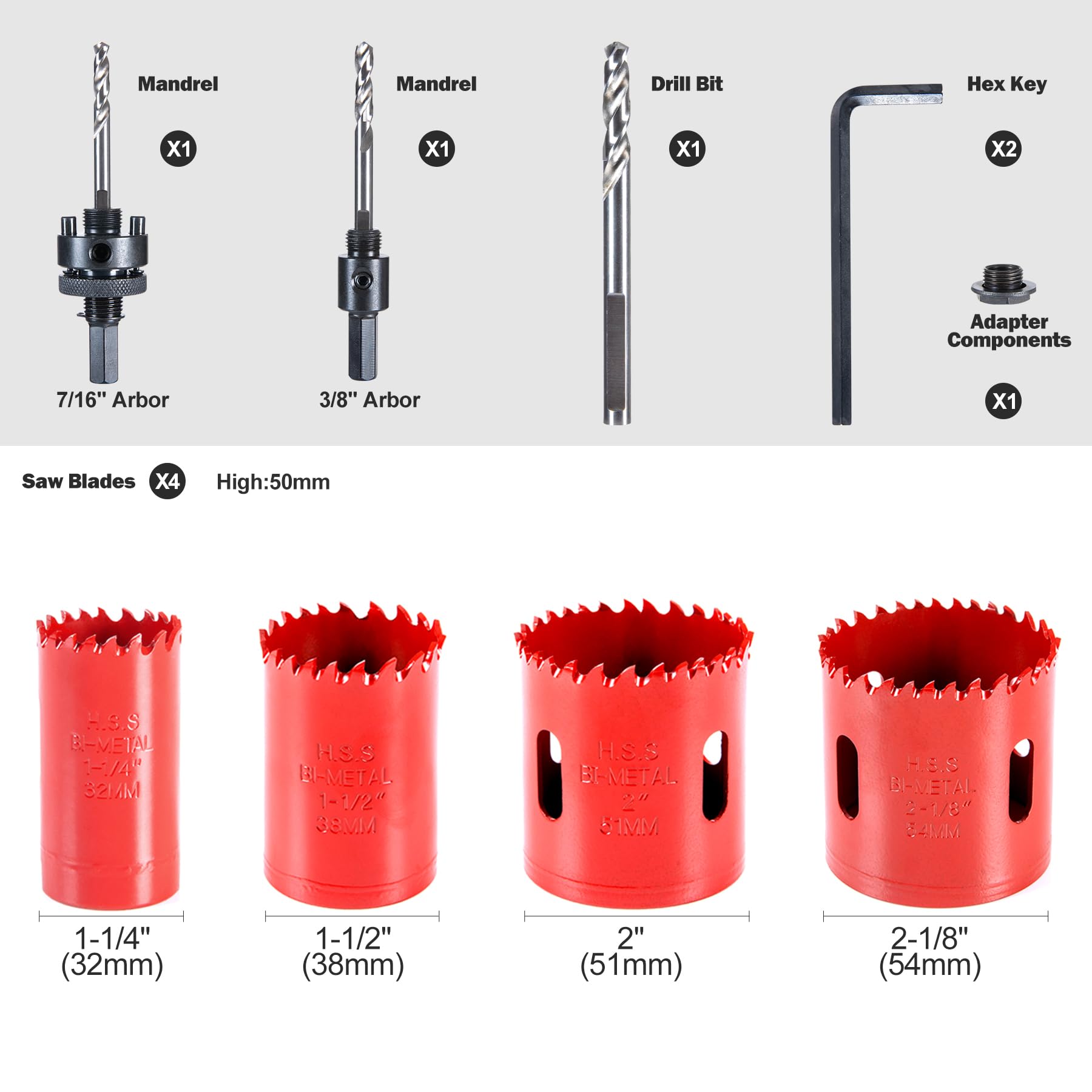 Kit per sega a tazza M42, 11 pezzi, set di seghe a tazza bimetalliche al cobalto all'8%, con frese a tazza HSS da 32-54 mm, profondità 5,1 cm, per legno, plastica, cartongesso, lamiera e