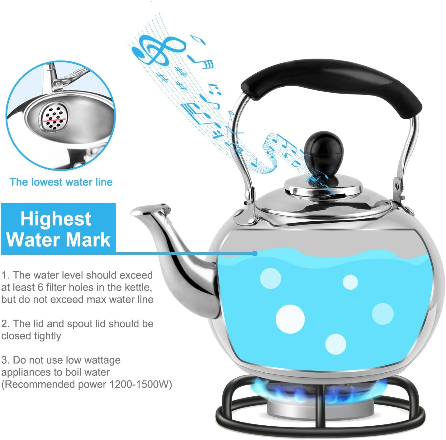 Stove Top Whistling Tea Kettle 2.5 Quart Classic teapot appearance Culinary Grade Stainless Steel Teapot Composite process bottom