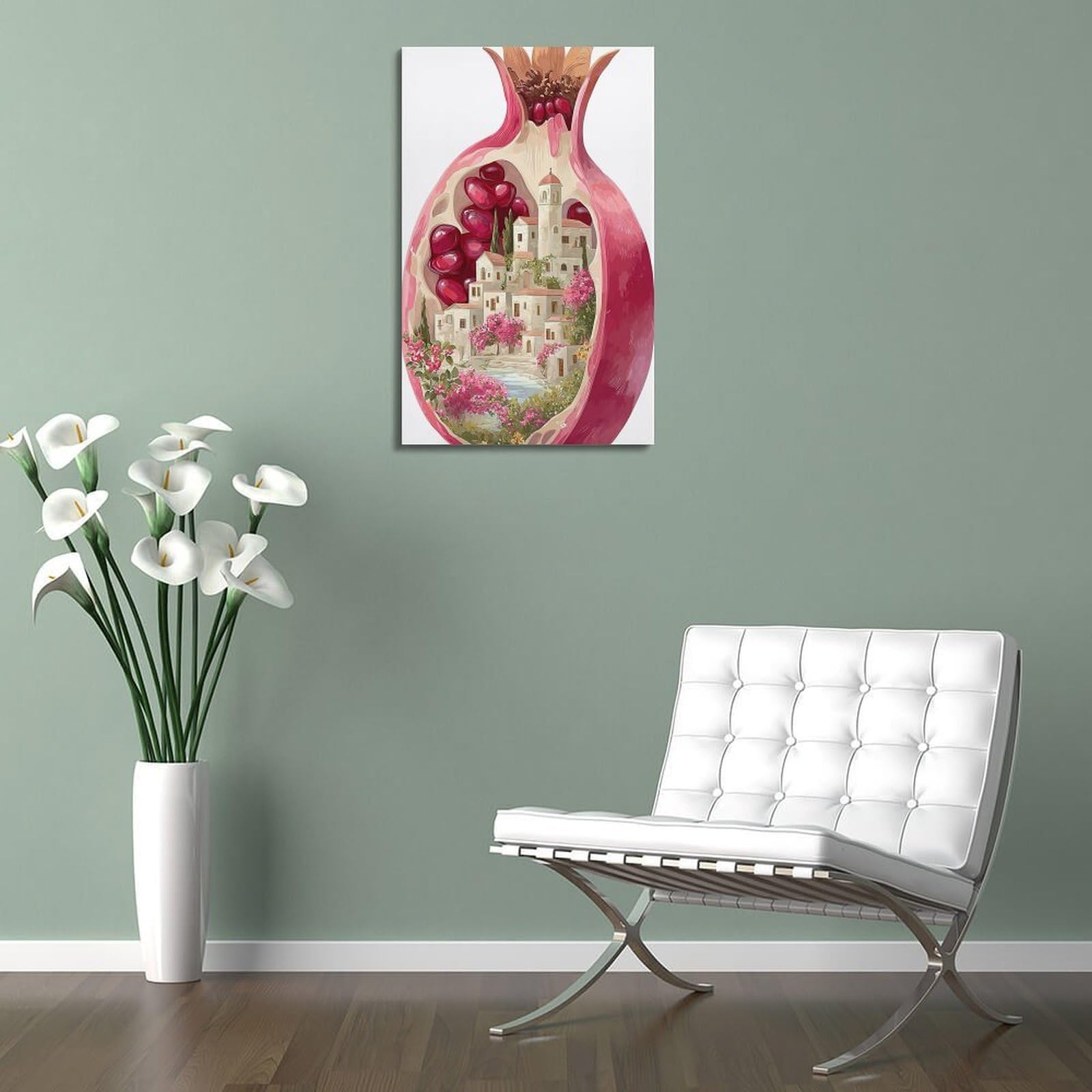 ZLXZPL Fantasy Illustrativer Stil Granatapfel Stadtgeheimnis Wandkunst Leinwand Poster Drucke für moderne Familie Wohnzimmer Dekor Kunstwerk 50 x 75 cm Rahmenstil