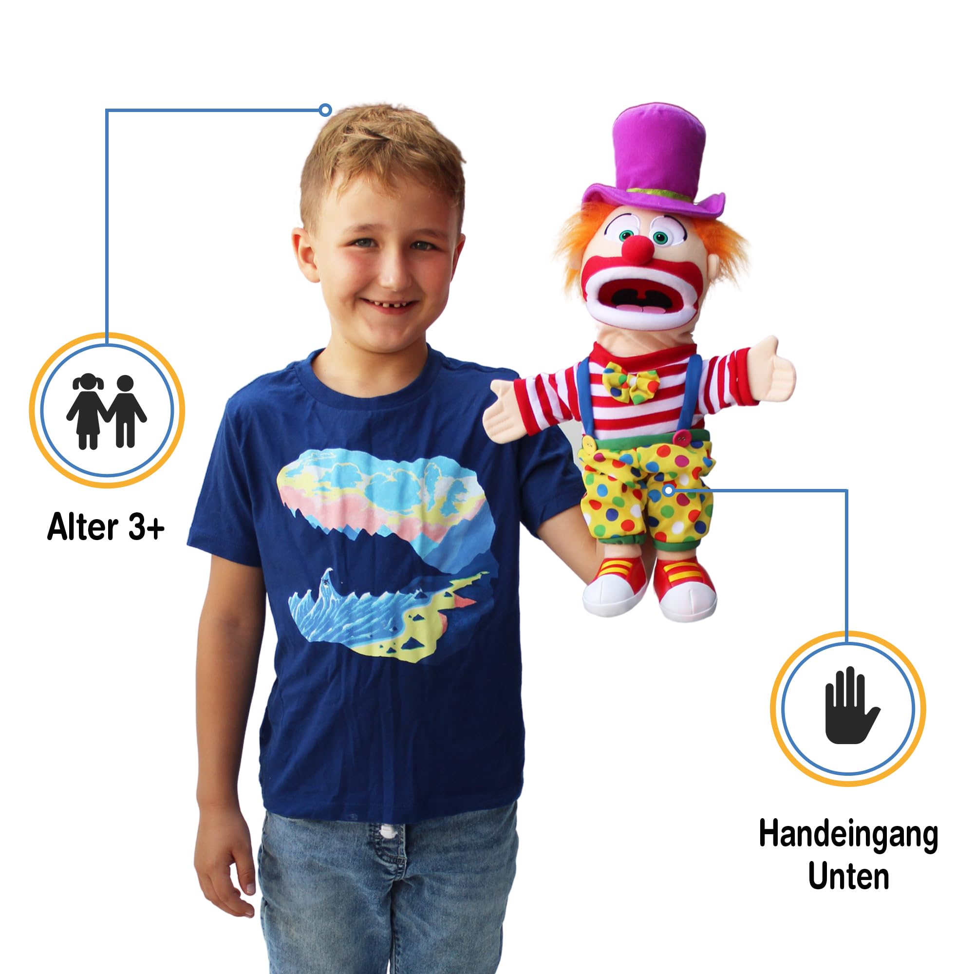 Clown von Silly Puppets | 40 cm Handpuppe für Kinder | Mit Beweglichem Mund Und Armen | Abnehmbare Handwaschbare Kleidung