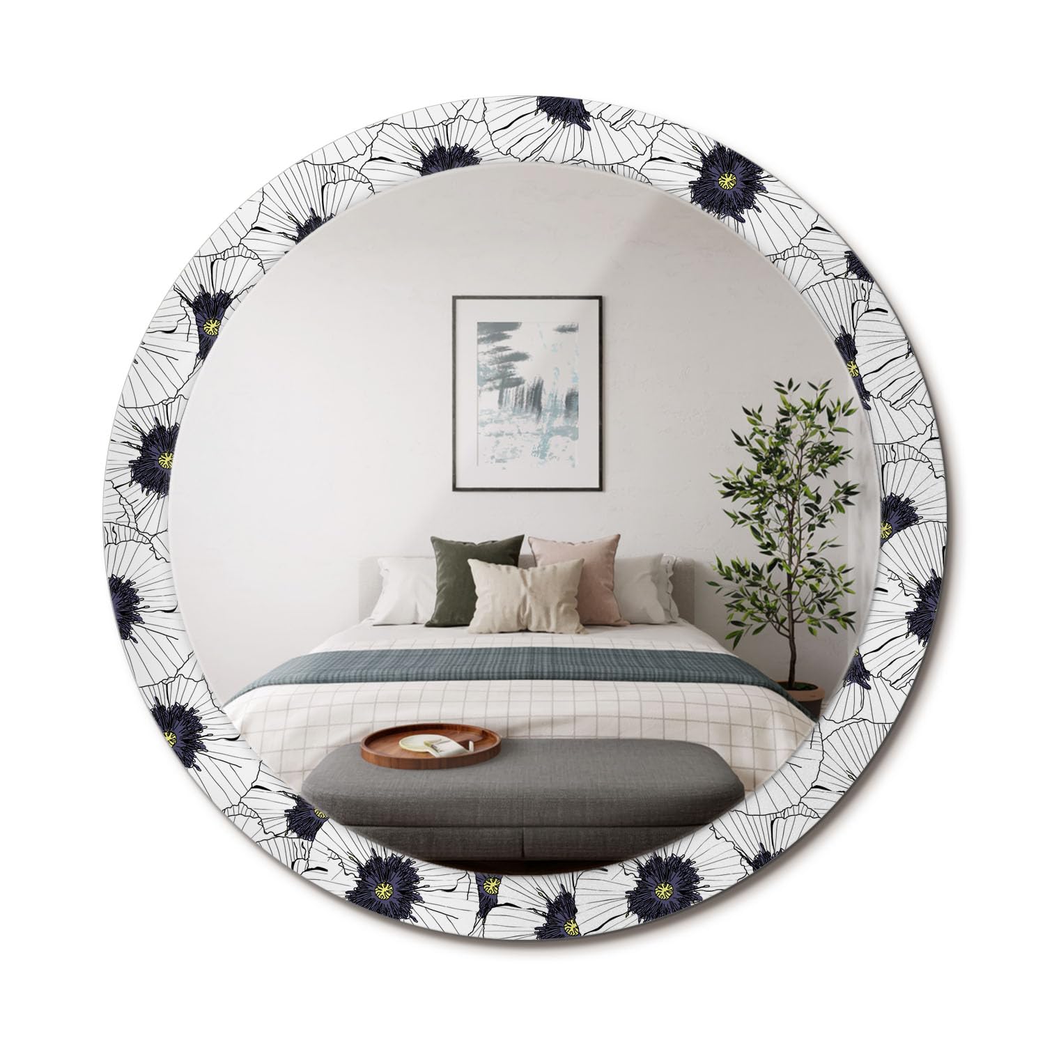 Miroir décoratif rond grand format fi90 cadre imprimé floral pour salle de bain