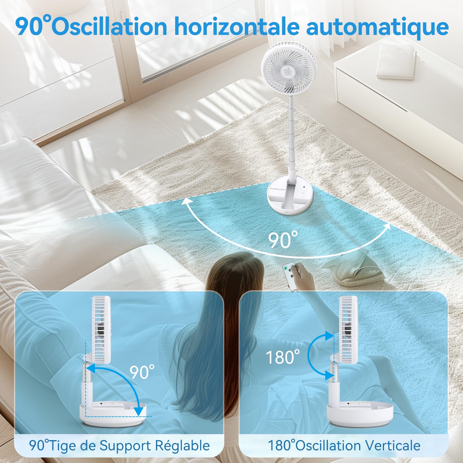 Primevolve Ventilateur Oscillant Portable Réglable en Hauteur Avec Télécommande - Pliable, 4 Vitesses, USB Sans Fil pour Chambre, Bureau, Voyage - Blanc 7,7"