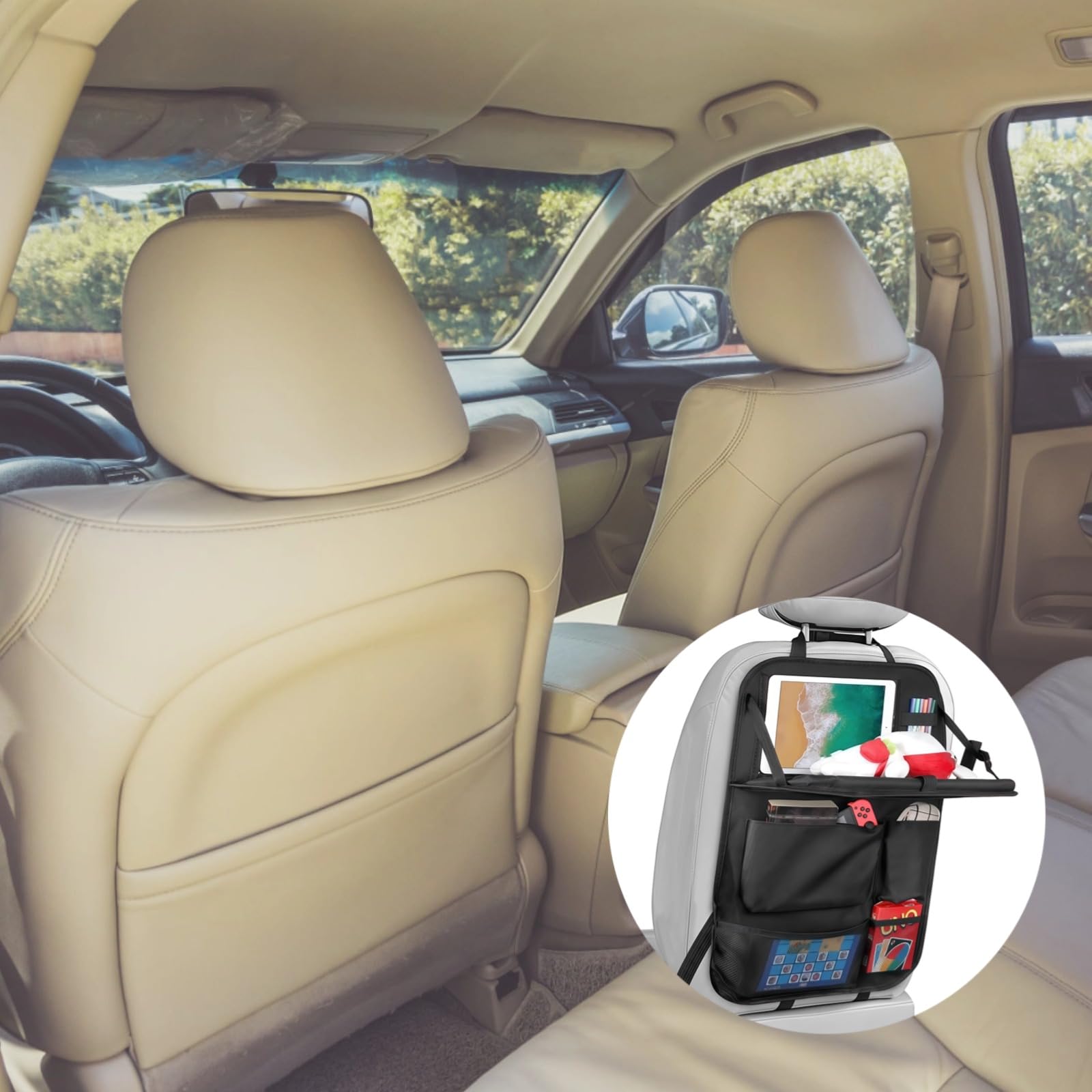 YOFAPA Car Backseat Organizer 2 Pack, 600D Oxford Cloth Kick Mats with Foldable Tray, Touchscreen Tablet Holder - Image 2