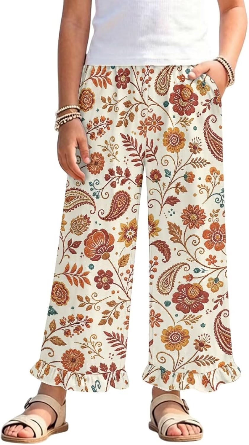 Wanyint Girls' Ruffled Wide Leg Trousers Open Bottom Flowy Long Trousers Summer Pants Spring Outfit Sweatpant for 5-14 Y