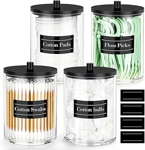 4 Pack 10 oz Acrylic Qtip Holder with Labels Dispenser- Bathroom Small Clear Plastic Canister Apothecary Jar Set Essentials Accessories Decor, Vanity Storage Organizer