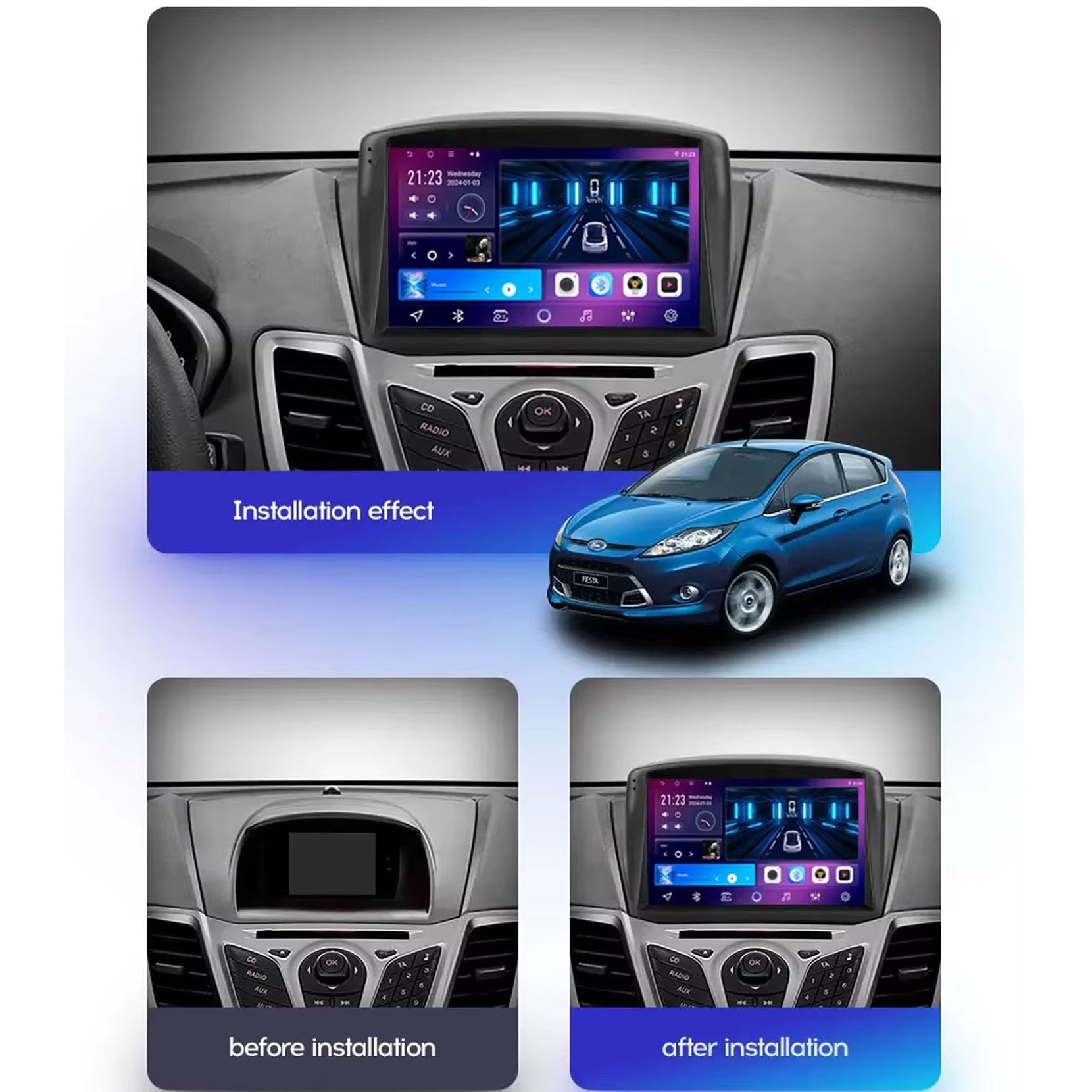 9 Zoll Doppel Din Android 15 Autoradio,für Ford Fiesta MK7 2009-2017,mit CarPlay Rückfahrkamera Lenkradsteuerung Bluetooth GPS Navigation FM Digitalradio WiFi(C1 2+32G)