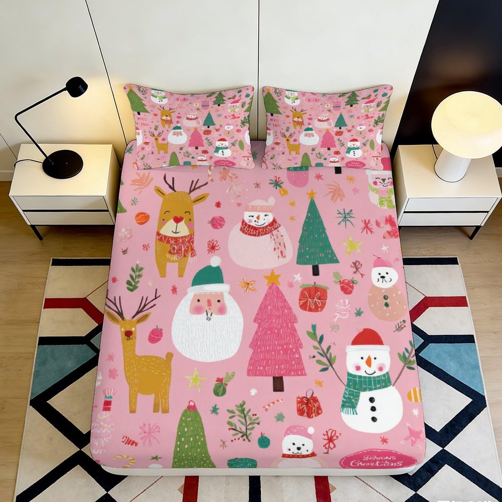 3D Printed Christmas Reindeer Fitted Sheet Microfiber Pink Santa Claus Bed Cover for Bedroom Dorm Easy Care Decor 90x200x25cm