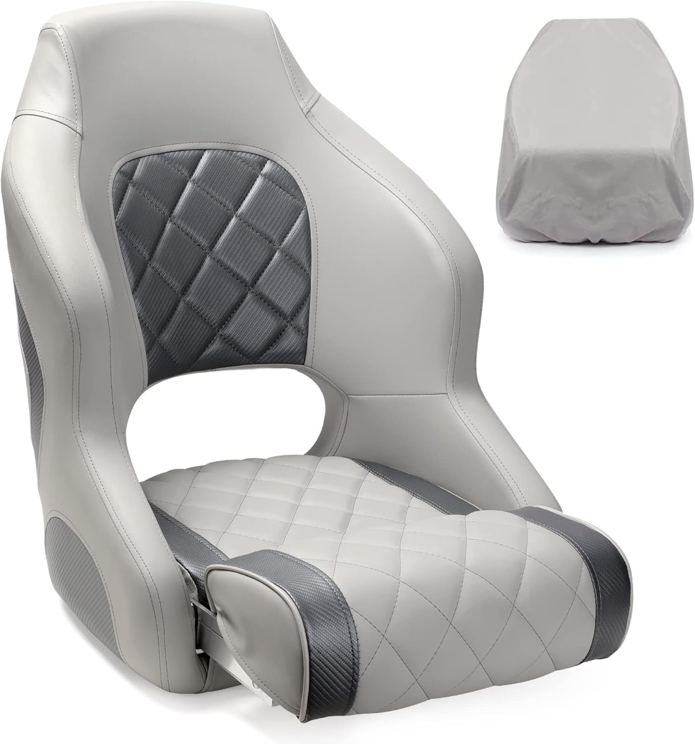 Premium Captain's Bucket Seat Flip Up Boat Seat with Seat Cover, Light Grey/Charcoal