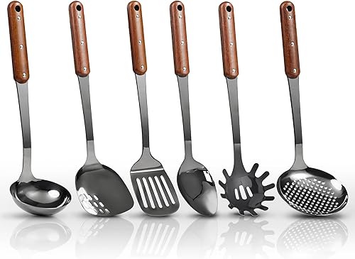 Miniatura 6 de Juego de utensilios de cocina de acero inoxidable pulido con espejo, juego de 6 utensilios de cocina con mango de madera, juego de herramientas de