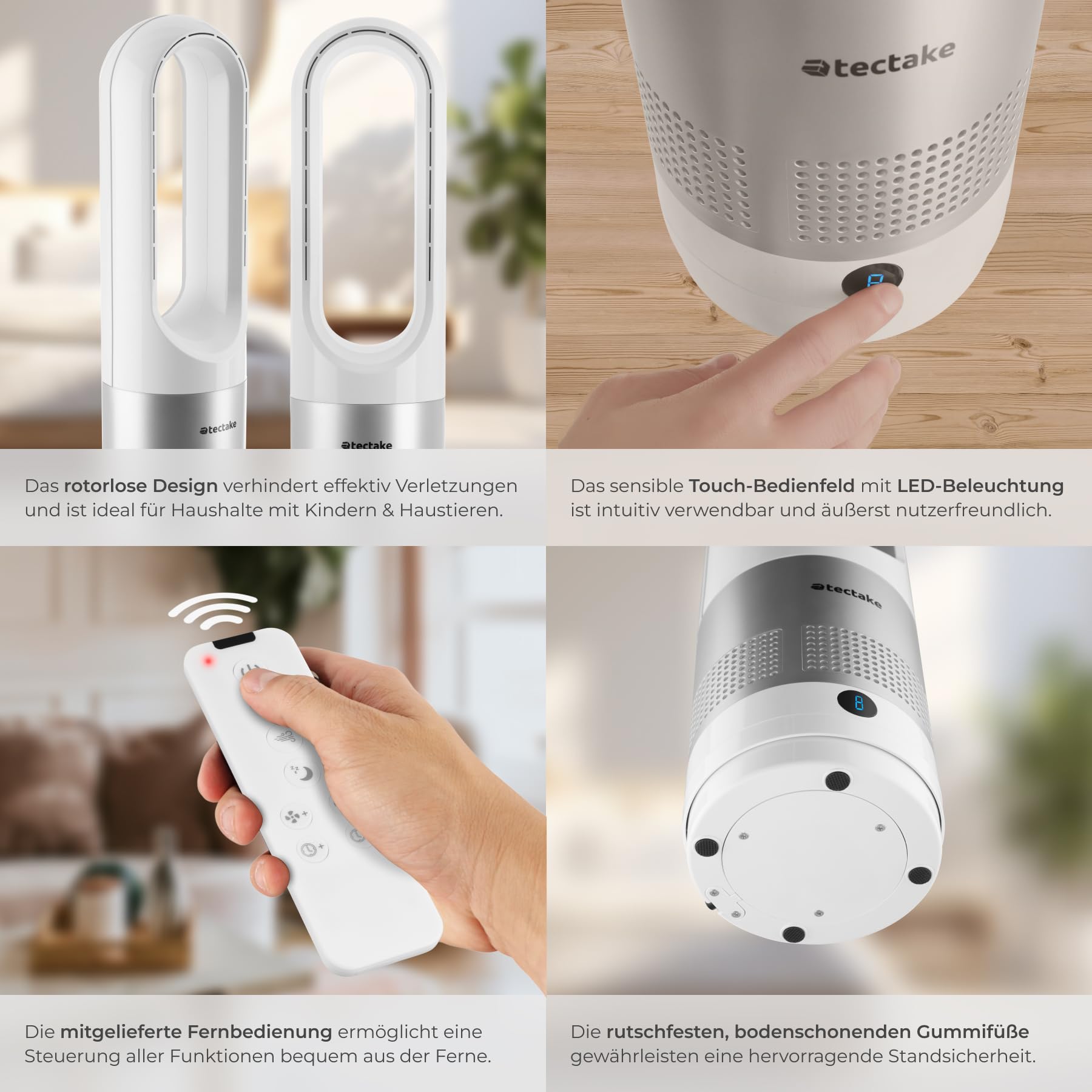 tectake® rotorloser Ventilator mit Fernbedienung, Turmventilator, cooling ace Lüfter, Luftkühler, mobiles Klimagerät, Standventilator sehr leise für Schlafzimmer geeignet, Tower Fan, Air Cooler - weiß