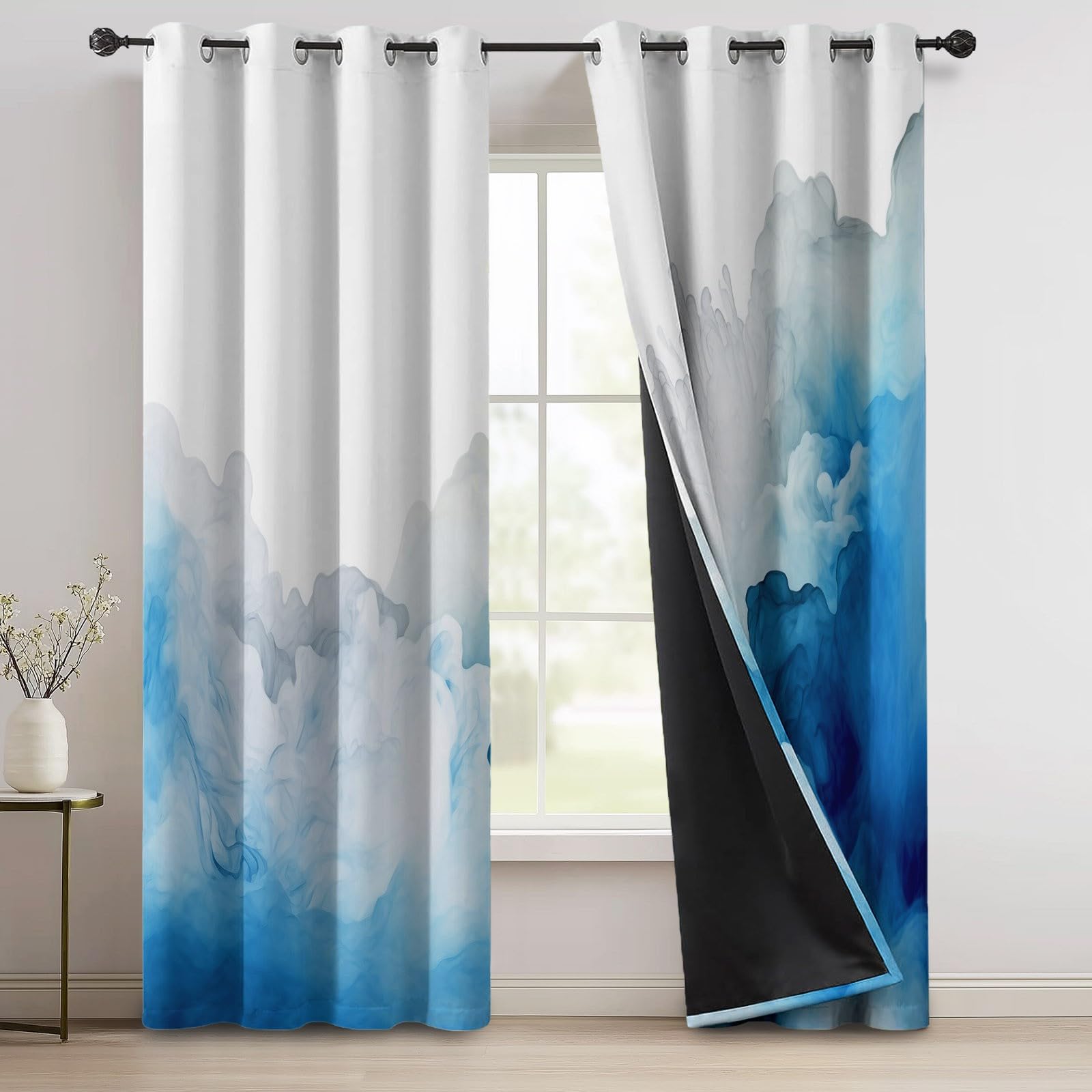 Rideau Occultant 117L X 138H cm (2 Panneaux) Abstrait Aquarelle Nuages Imprimés, Rideau Thermique Isolant Anti Chaleur Tenture Opaque à Oeillets Isolation Anti UV Chambre Salon, Bleu Blanc