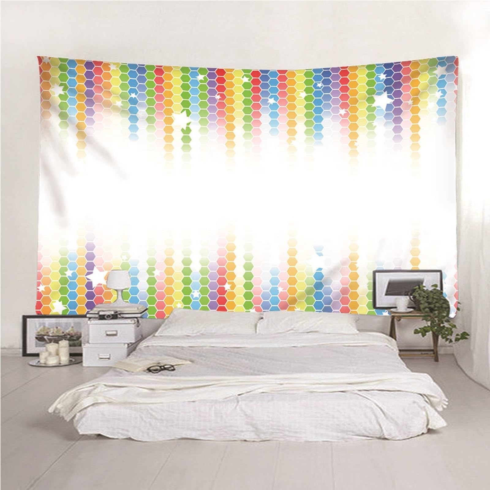 Lieson Wandteppich Sechseckiger Stern, Wandtücher Weiß Bunt Wandteppiche für Wohnzimmer Wohnheim Heimdekoration, 260x240CM