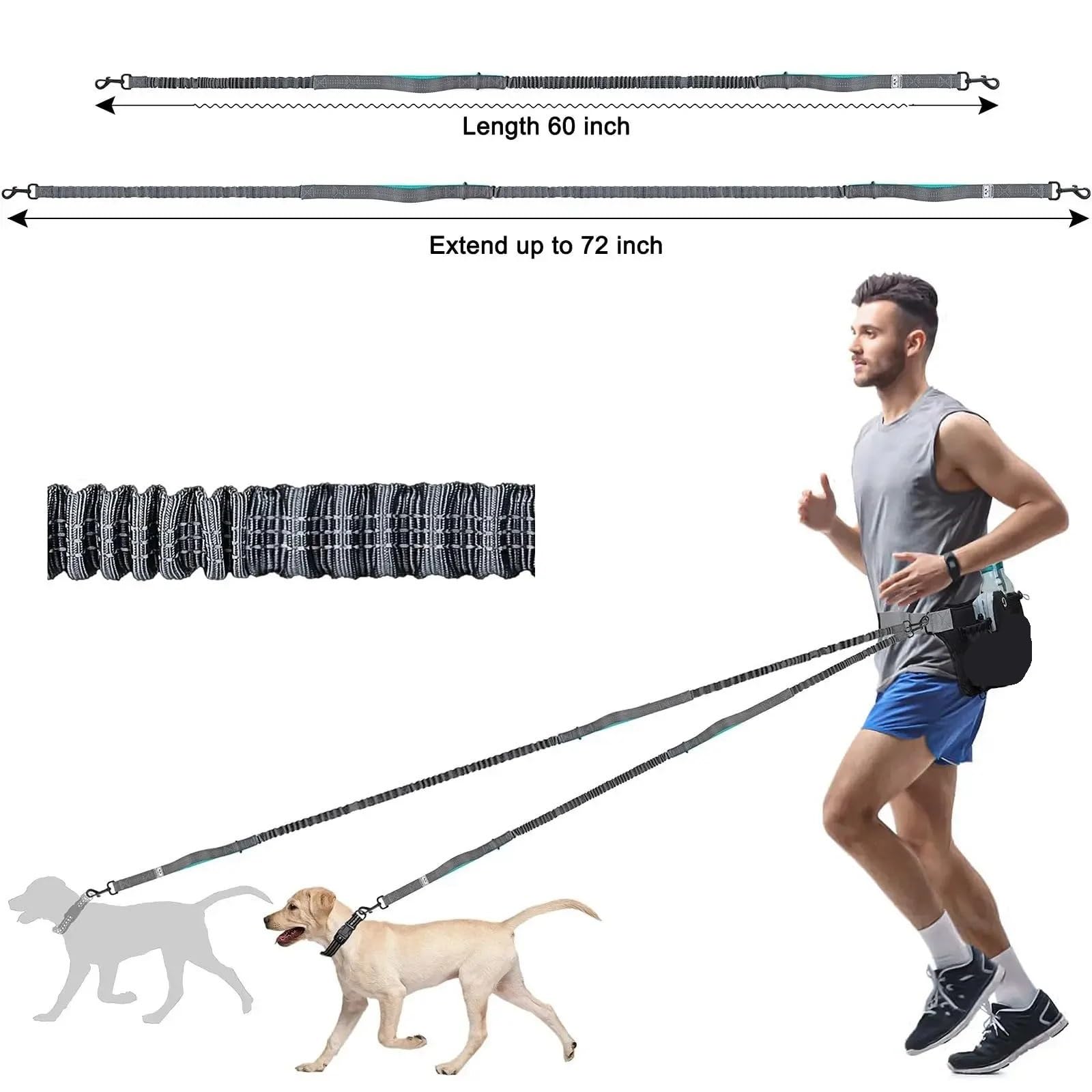 Laisse Main Libre Chien Laisse rétractable Mains Libres for Chien avec Ceinture réglable for 1/2 Chien for la Course, la Marche, la randonnée(Black for 2 Dog)