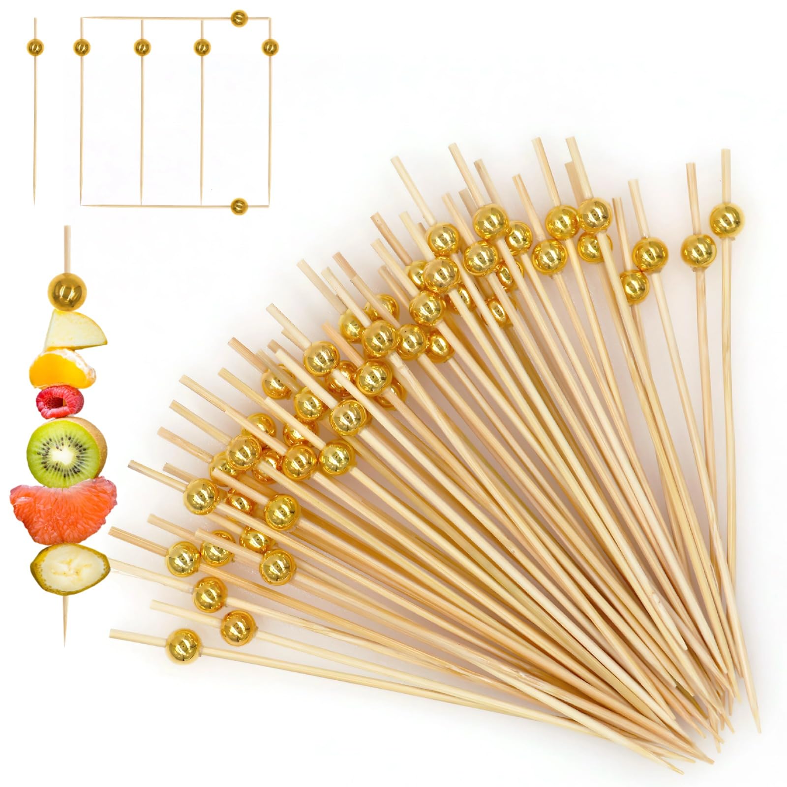 1000 palillos de cóctel de madera, palillos de dientes elegantes con cuentas doradas para aperitivos, palitos decorativos de frutas de postre, palitos de cóctel para bebidas, postres, embutidos