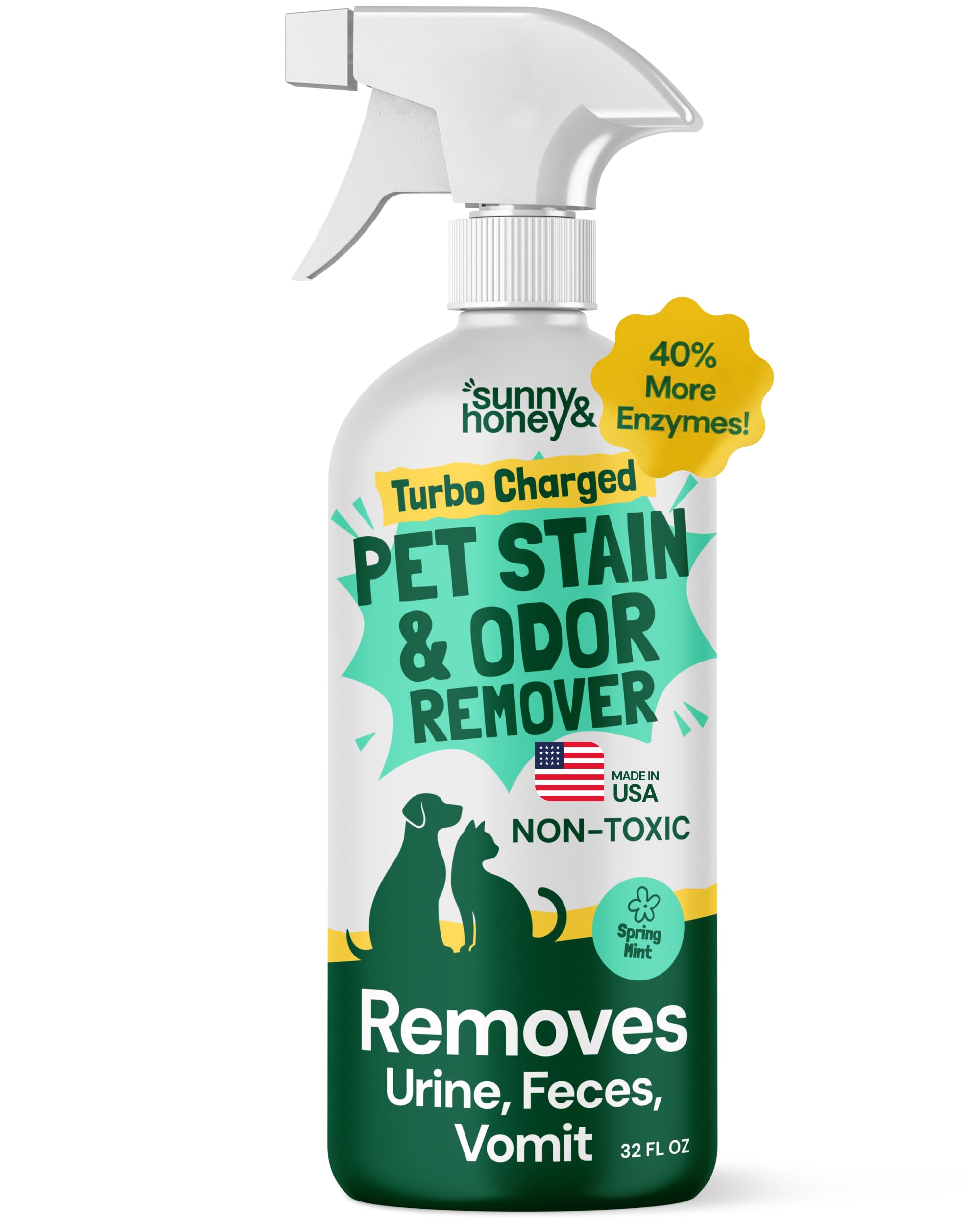 Sunny & Honey Turbo Pet Stain and Odor Remover - 40% More Enzymes - Enzyme Cleaner for Dog Urine and Poop on Carpets and Furniture - Pet Carpet Cleaner Spray (32fl oz Mint)