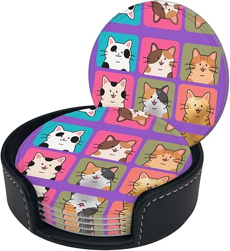 Miniatura 2 de Drink Coasters Set of 6, Cats Printed PU Leather Round Coaster with Holder for Outdoor, Office, Bar, Funny Heat-Resistant Home Desk Decor