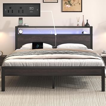 E-Motie Queen Size Bed Frame with LED Light and Charging Station, Wood Storage Headboard with 2-Tier Shelves, Heavy Duty Metal Slats, No Box Spring Need, Noise Free, Easy Assembly, Grey