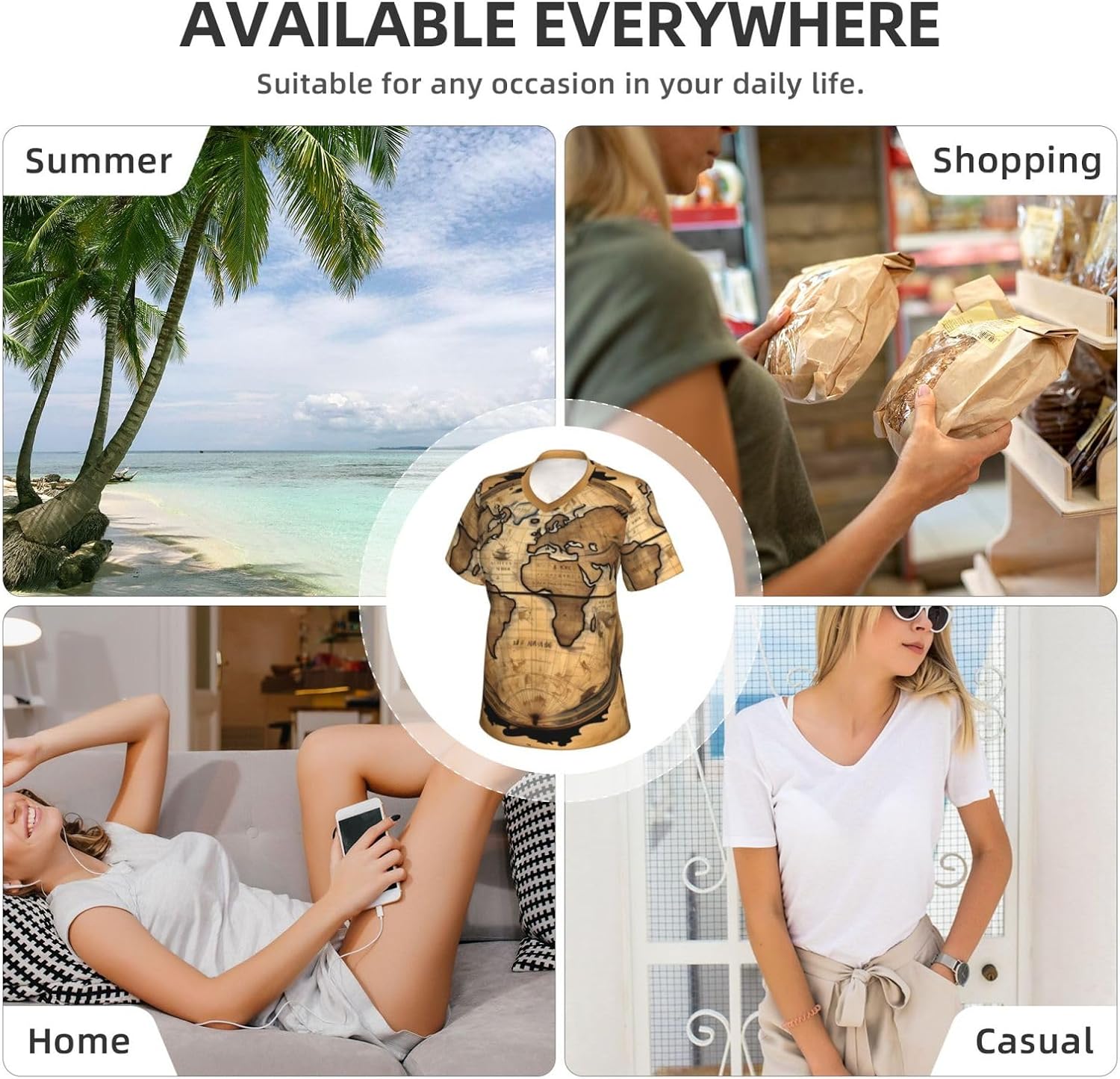Women Casual Ancient Map World Globe Print V-Neck T-Shirt Short Sleeve Summer Trendy Tops.