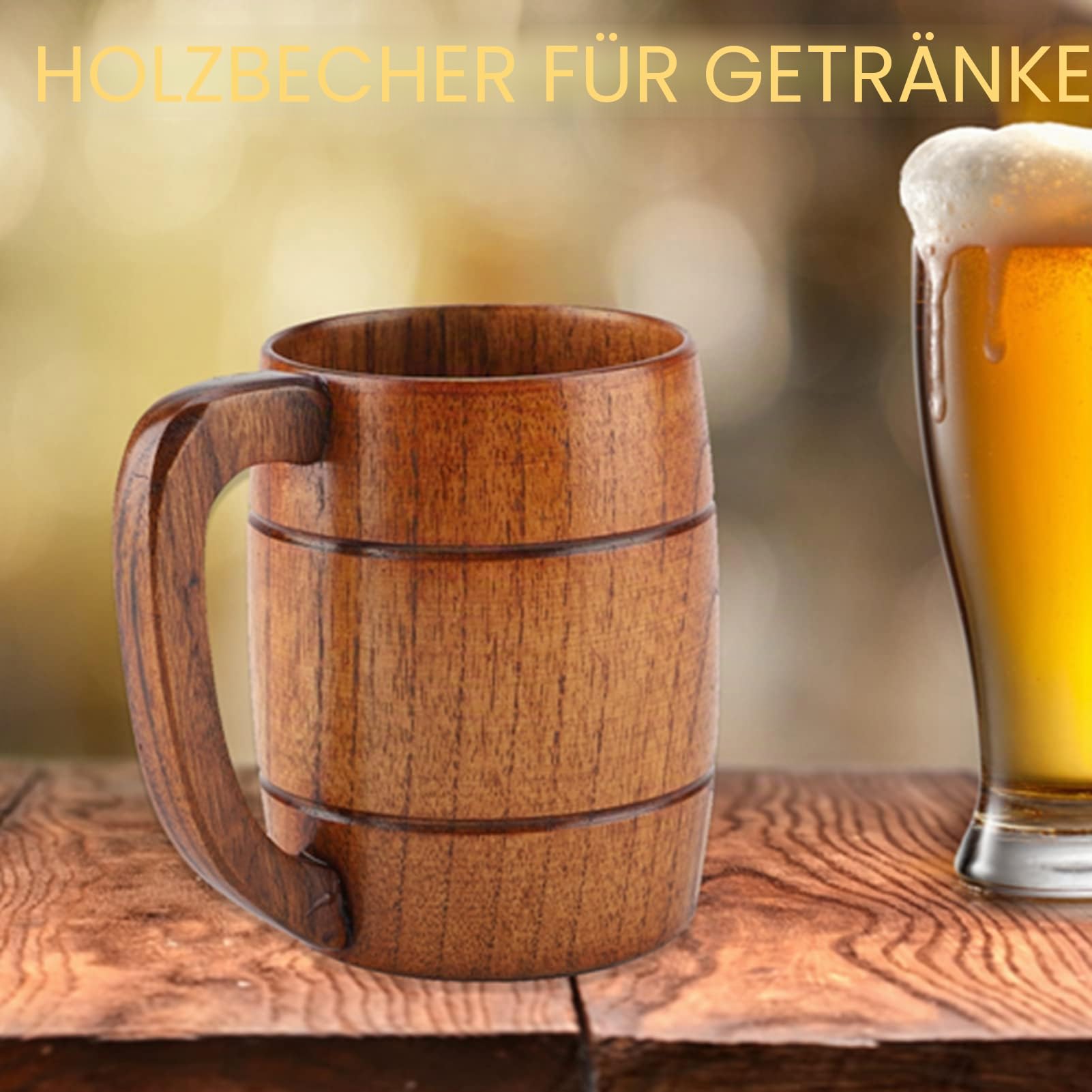 Akozon Holz-Bierkrug, Retro-Naturholz-Bier Großes Fassungsvermögen Natürliches Teewasser Klassischer Trinkbecher mit Griff Großes Fassungsvermögen 550 ml Retro-Getränk-Trinkwasser mit Griff Geeignet