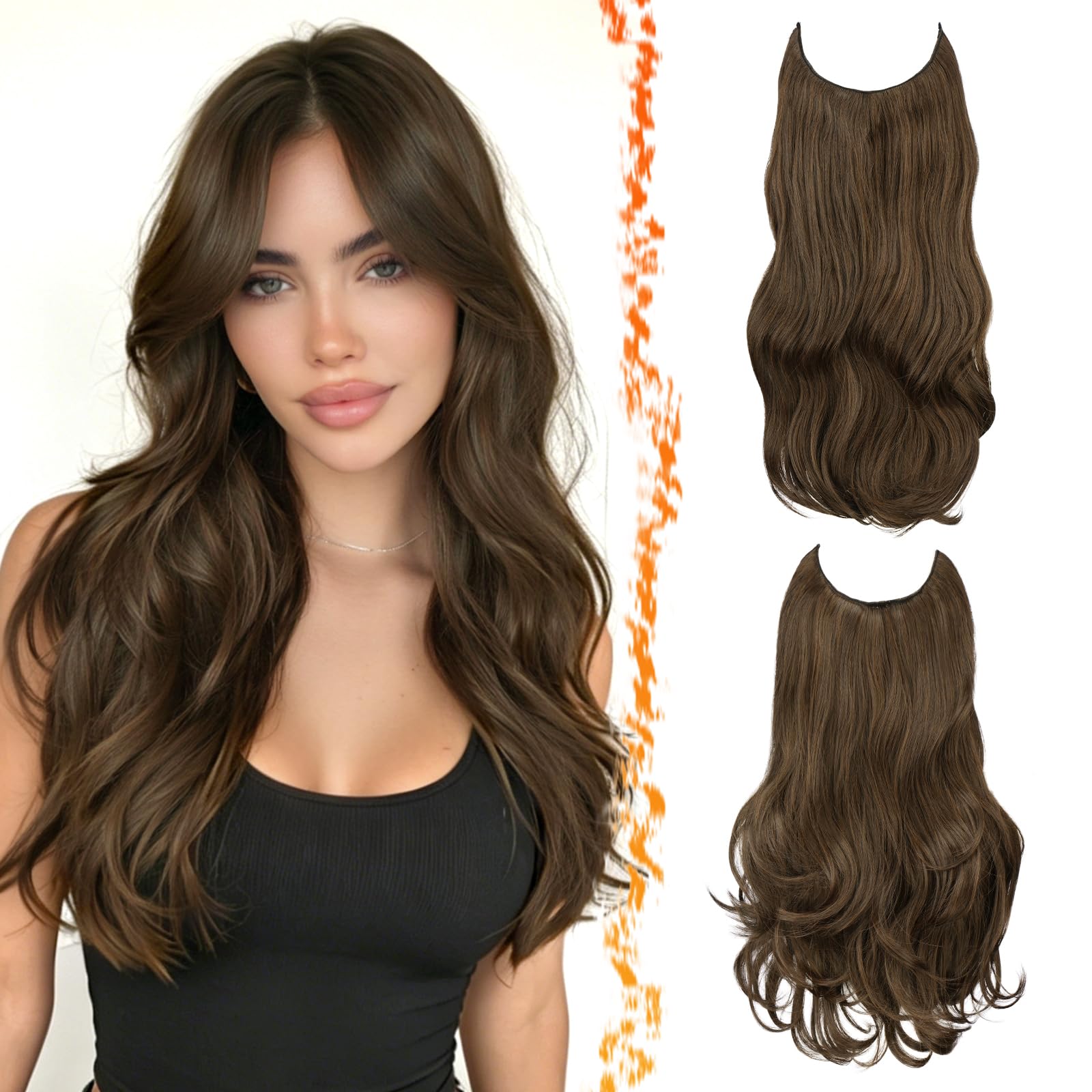 BARSDAR 2 Piezas Hilo Invisible Extensiones de Cabello, 50cm Ondulado Layered Sintética Clip in Marrón Hair Extensions para Mujer Aspecto Natural Lace Weft Invisible Wire Postizos, Chocolate Marrón
