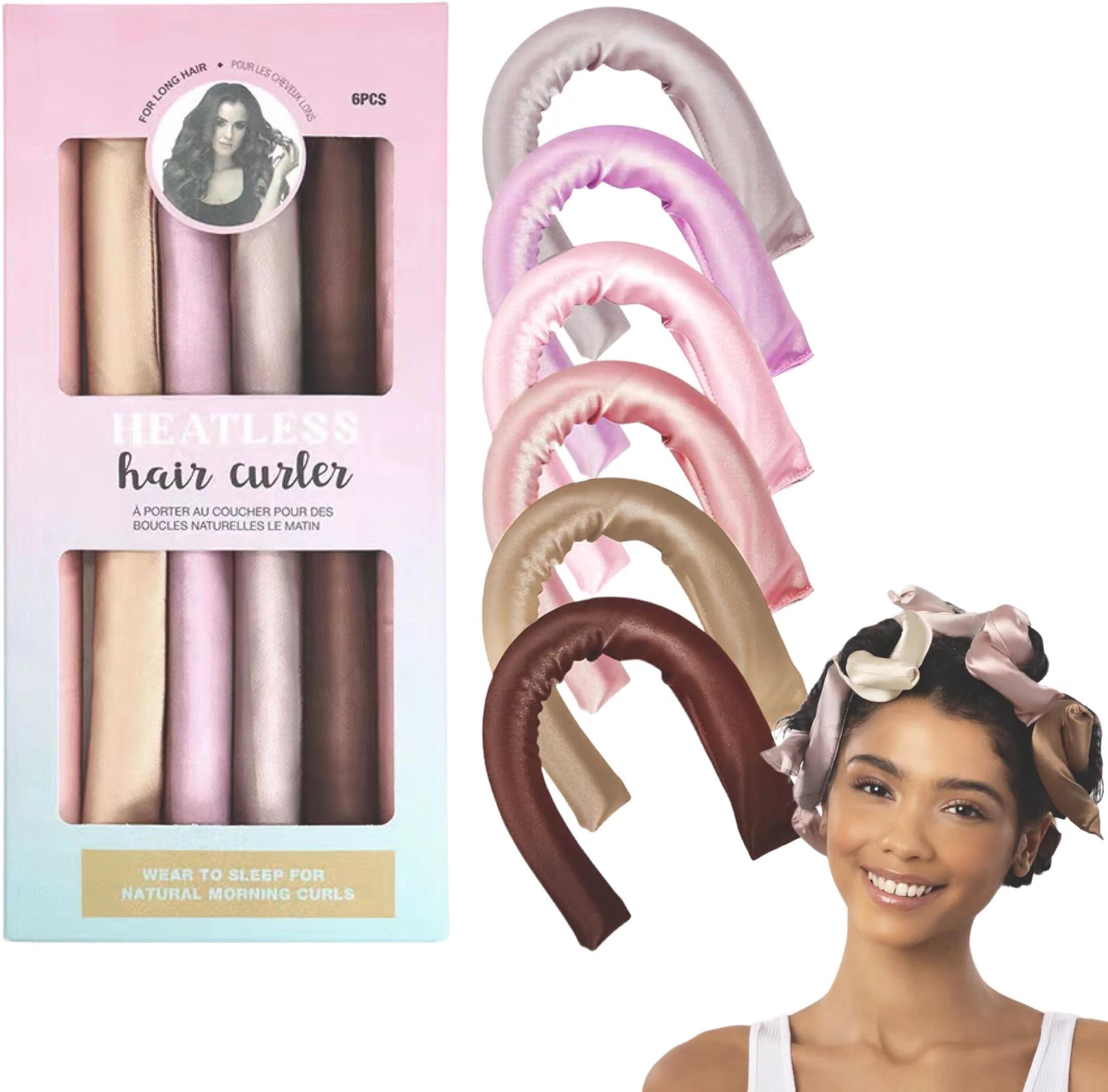 ALANXHeatless Curling Set 6PCS Satin Covered Hair Curlers for Long Hair,Flexi Rods for Heatless Curls for All Hair Types-Hair Curlers To Sleep in, Heatless Curling Rod Headband (6 colors)
