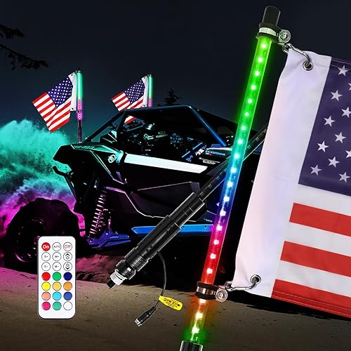 ACEC SHOP 2 luces LED de 2 pies con bandera ahumada, luz de látigo RGB negra con luz LED con control remoto inalámbrico RF, luces LED para ATV RZR
