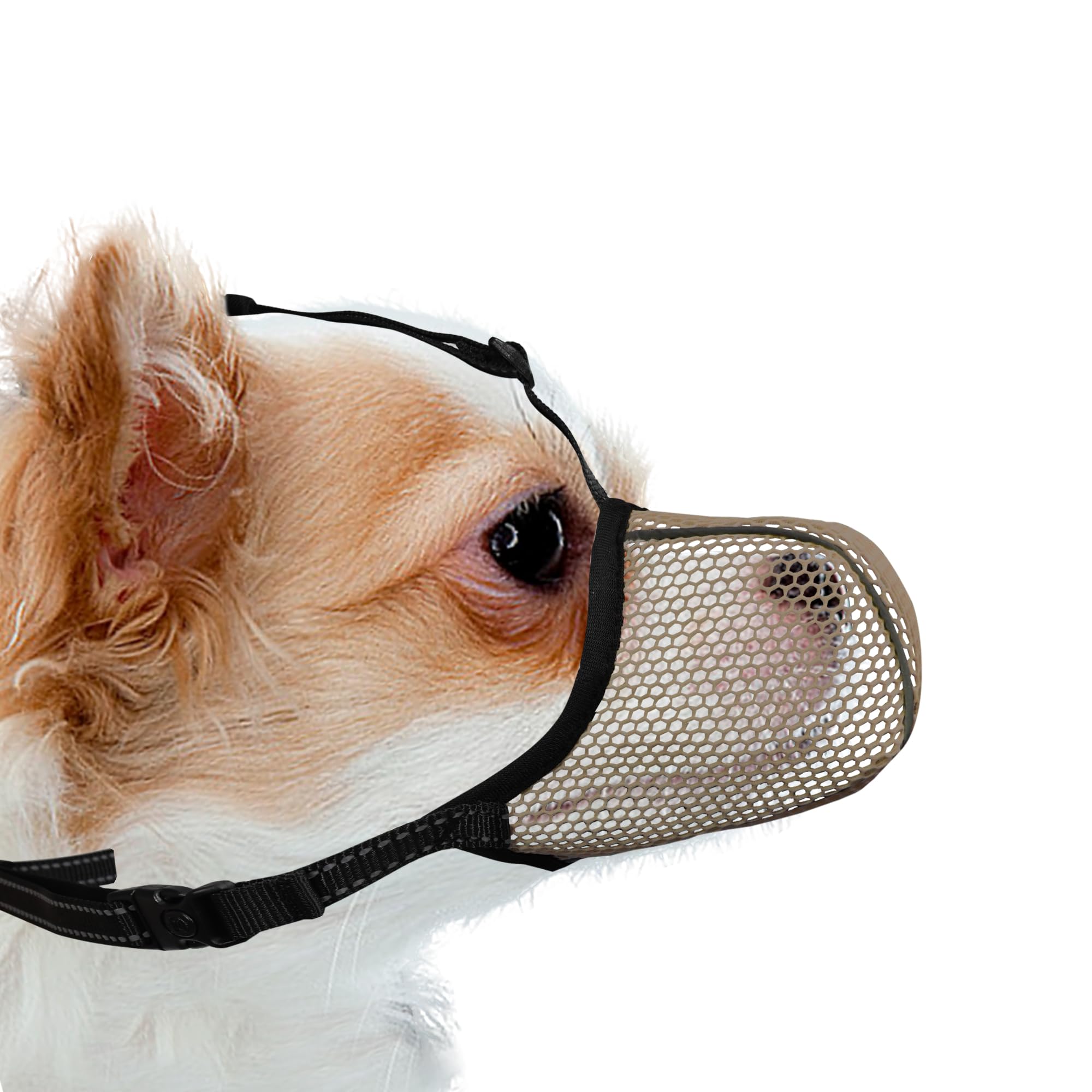 Maulkorb für Hunde, atmungsaktiv, weich, für extra kleine Hunde, verhindert Bellen, Beißen, Kauen, reflektierender, Verstellbarer Korbmaulkorb mit Air-Mesh für Dackel, Braun, Größe XS