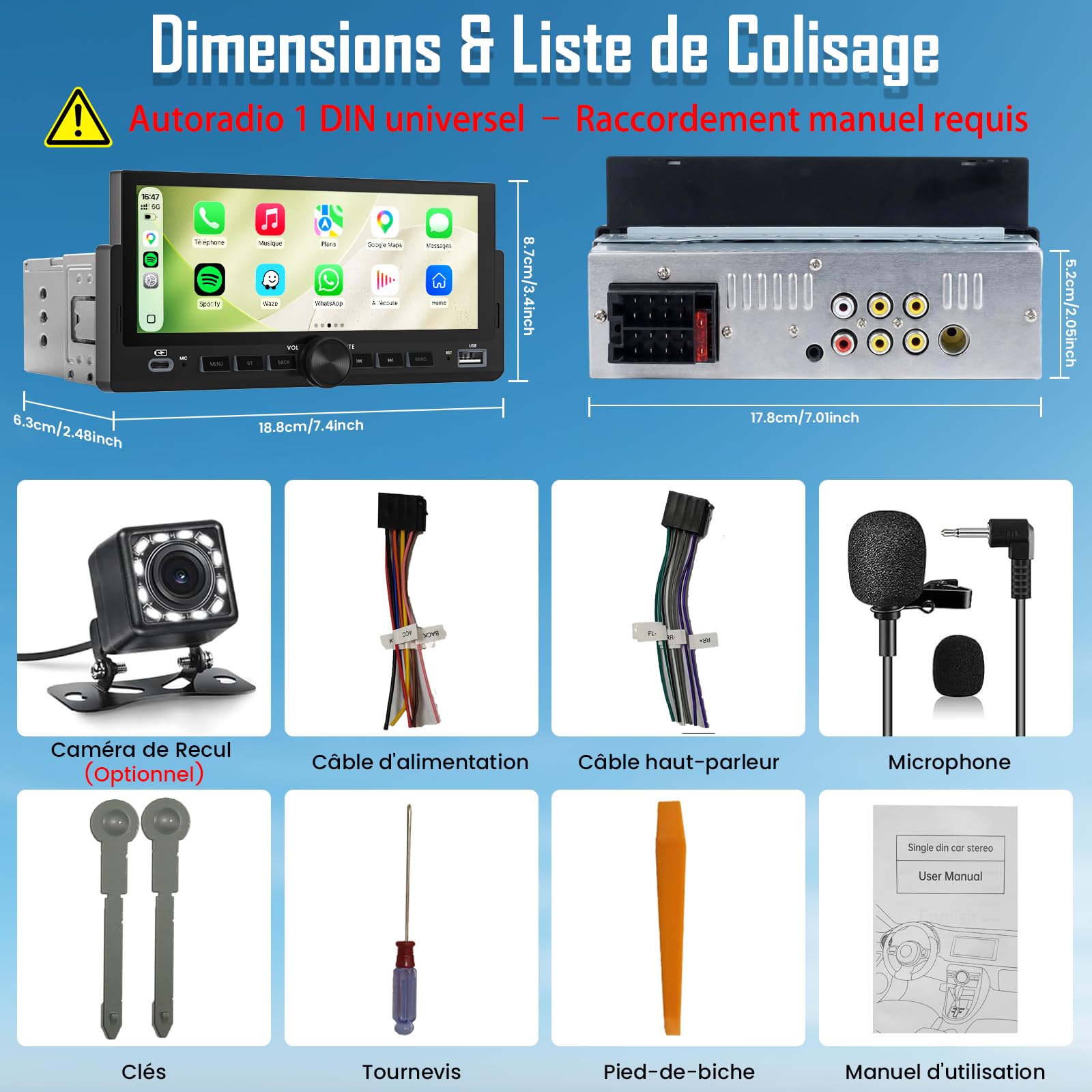 Autoradio 1 DIN, CarPlay Voiture & Android Auto sans Fil, Poste Radio Bluetooth Main Libre, Écran Tactile, Navigation GPS, Contrôle Vocal, AUX/FM, MirrorLink, USB Type-C (6,86")