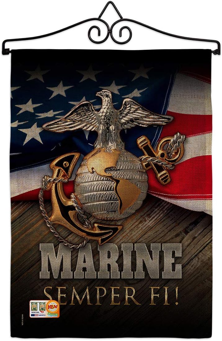 Marine Semper Fi Burlap Garden Flag Set Wall Hanger Armed Forces USMC United State American Military Veteran Retire Official Small Decorative Gift Yard House Banner Double-Sided Made in USA 13 X 18.5
