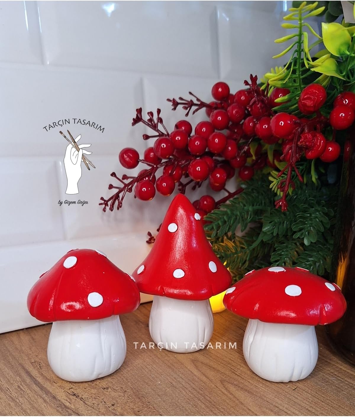 SODEF Mushroom Figurine Set (3 Piece) Concrete Christmas New Year Holiday Decoration Tabletop Ornament Red - Red, One Size