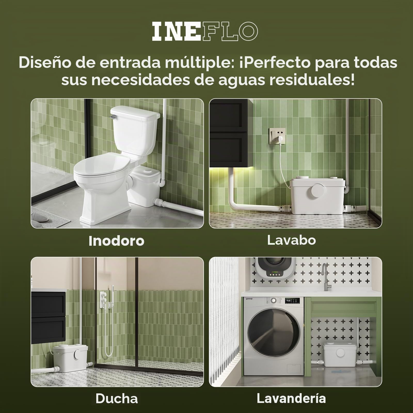 Bomba Macerator de 750 W para elevador de inodoro, motor de cobre, 3 conexiones (inodoro/ducha/lavabo), altura de extracción de 11 m, plana para montaje en pared