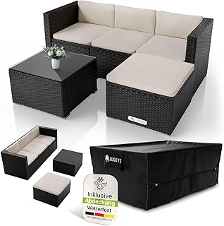 Juskys® Polyrattan Lounge Punta Cana M inkl. Abdeckung für 3-4 Personen mit Sofa, Sessel, Tisch & Kissen, Sitzgruppe für Garten, Terrasse & Balkon, Gartenmöbel Set wetterfest - schwarz/Creme
