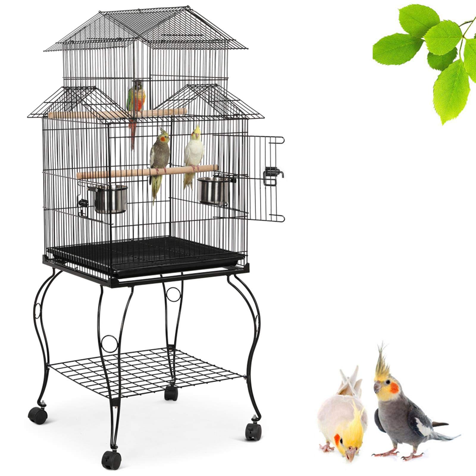 Yaheetech Jaula para Pájaros con Ruedas y Soporte de Comedero 59.5 x 59.5 x 140 cm - De hierro - Color negro