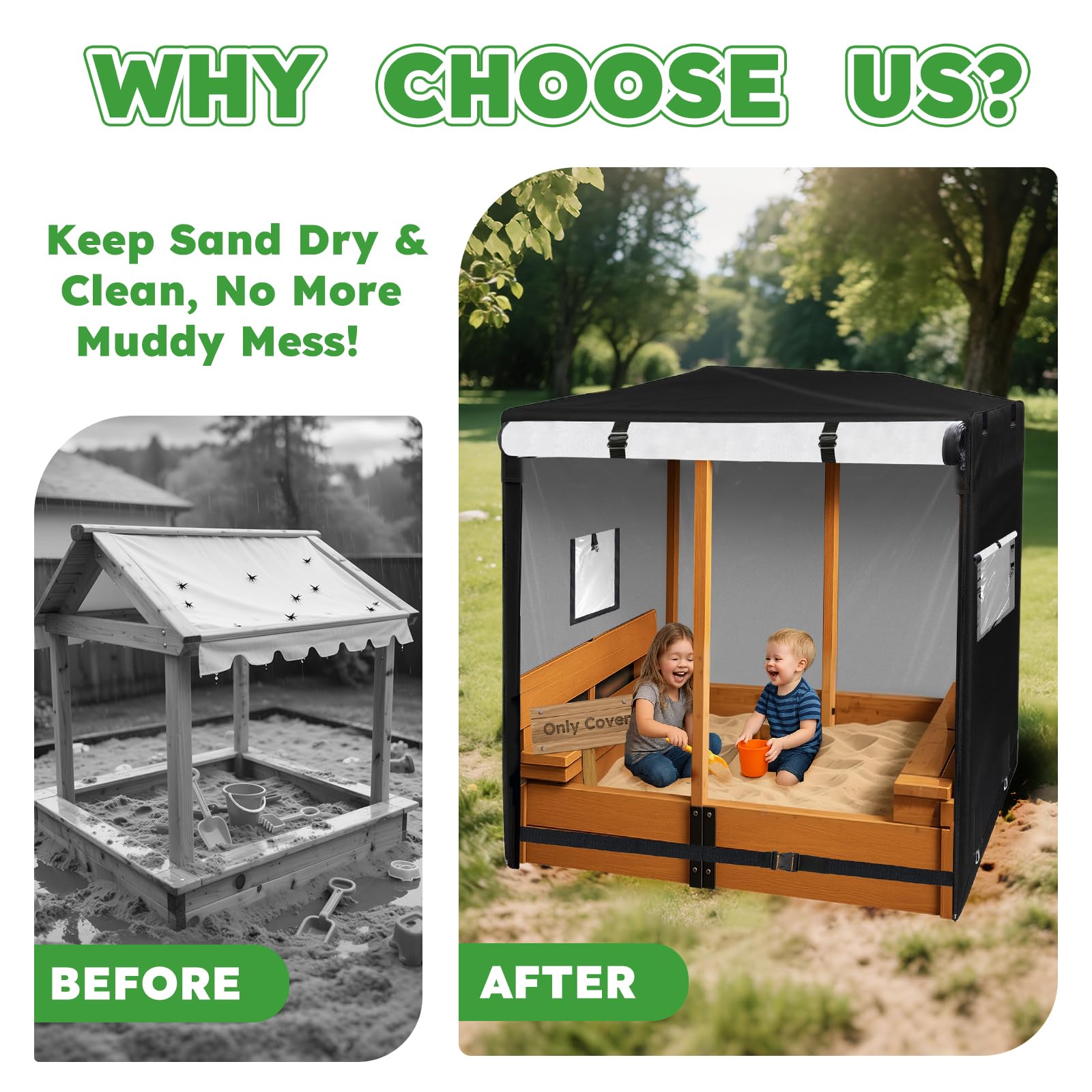 Sandbox Cover, 48 "L x 48 "W x 48 "H Heavy Duty Outdoor | Waterproof & Rainproof | See-Through Window + Zipper Opening | for Wooden Sandbox with Canopy & Benches.