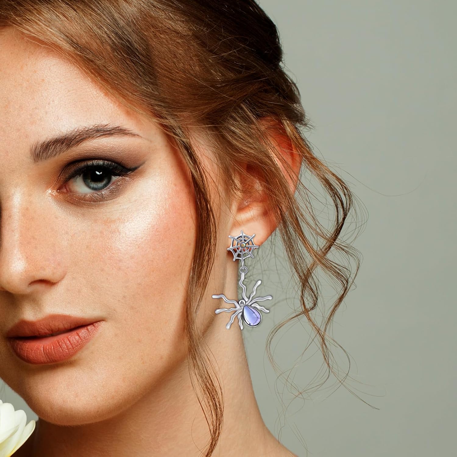 Spider Silver Dangle Earrings for Halloween Moonstone Goth Style Y2k Drop Earrings for Women - Image 3