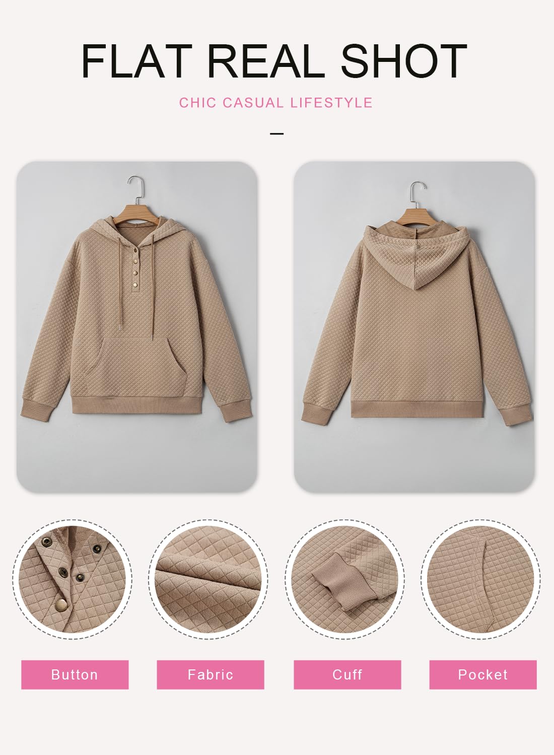 Dokotoo Hoodie Damen Kapuzenpullover Knopfleiste Steppmuster Pullover Herbst Winter Langarm Sweatshirt Oberteile Hoody mit Kapuze S-XXL