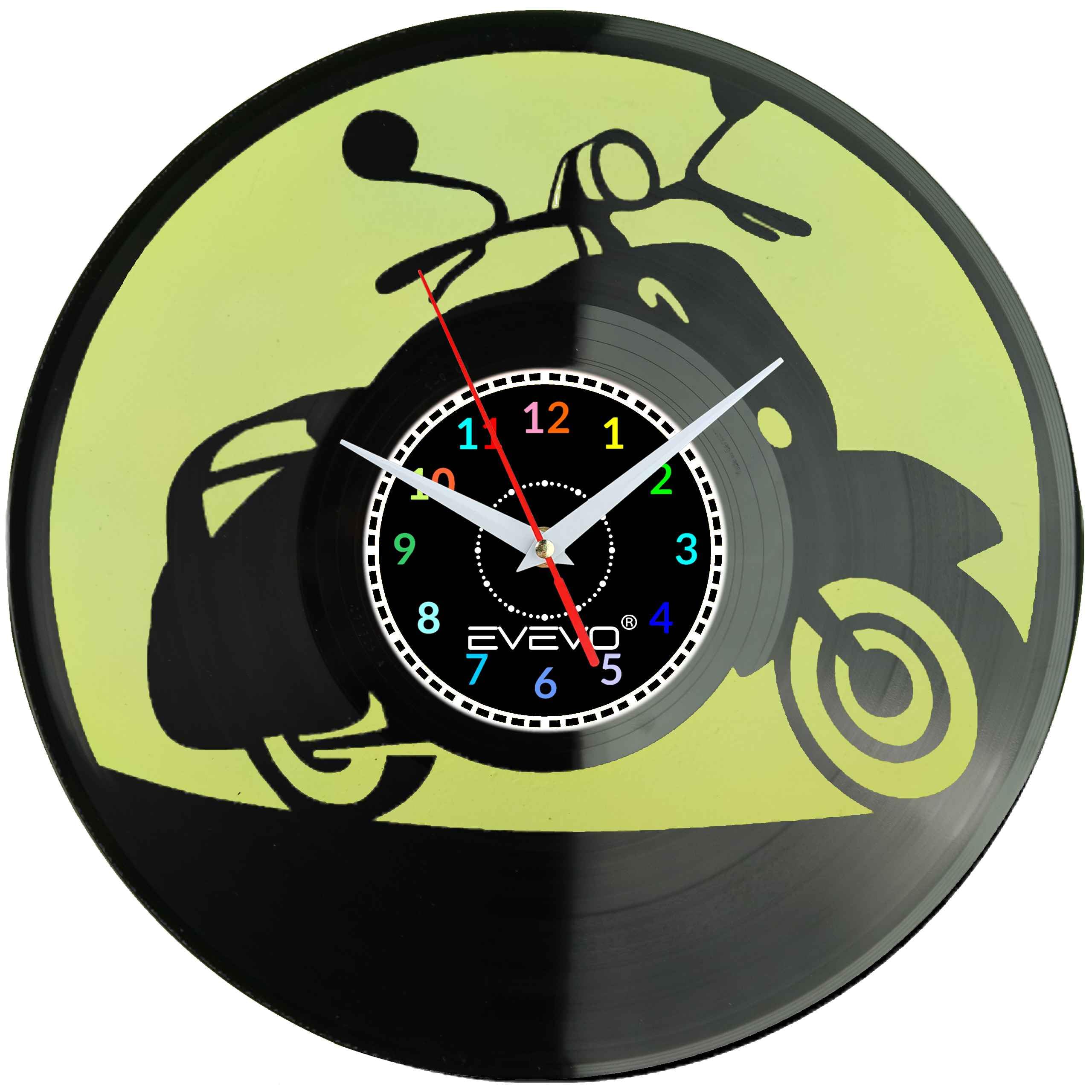 ZEGAR ŚCIENNY SKUTER MOTOROWER KLASYCZNY WŁOSKI FLUORESCENCYJNE TŁO PŁYTA WINYLOWA PREZENT UPOMINEKA GIFT SOUVENIR F0099 EVEVO