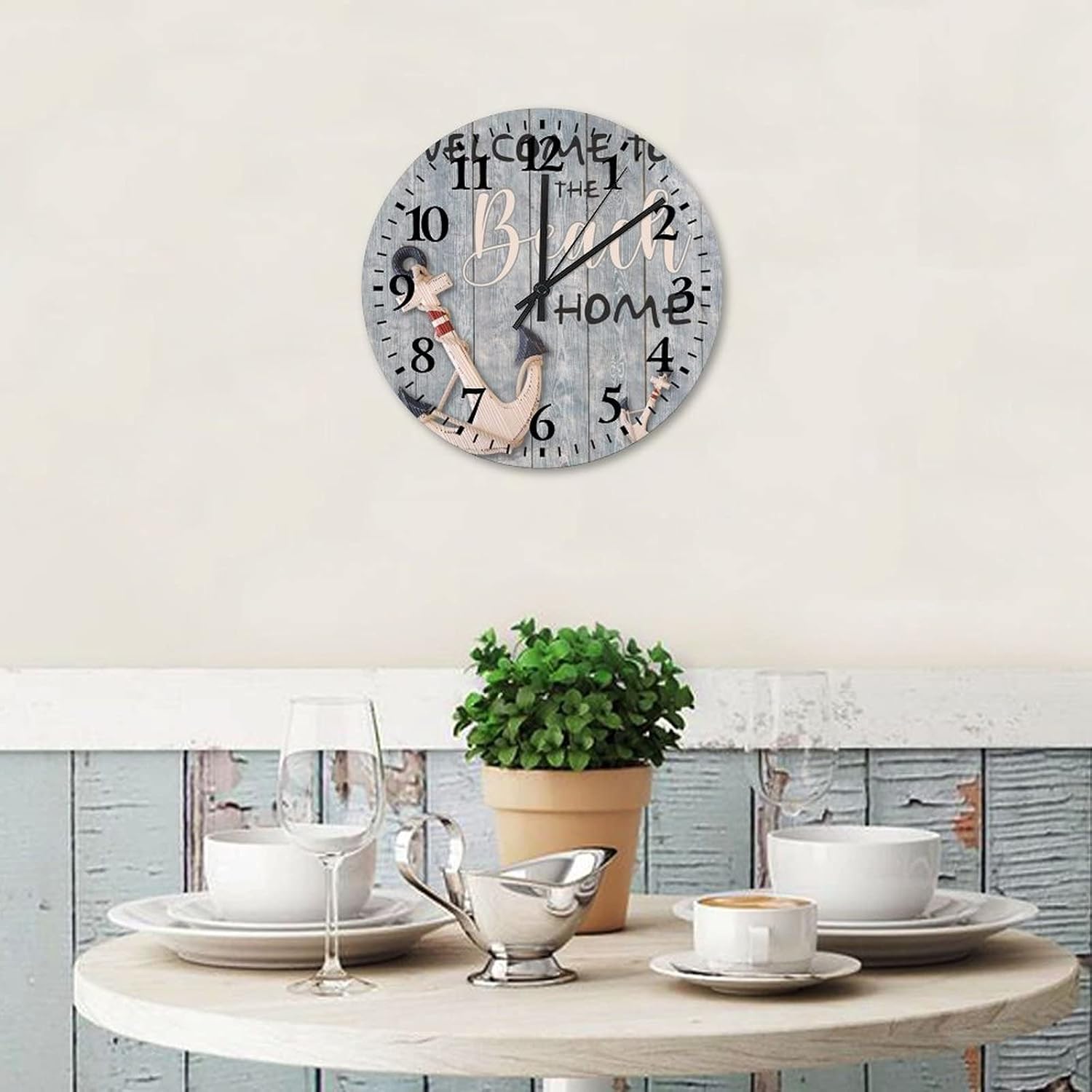 12 Inch Welcome to The Beach Home Wood Clock Battery Operated Nautical Themed Wooden Hanging Clock Arabic Numeral Round Clock for Bathroom Kitchen Living Room Bedroom