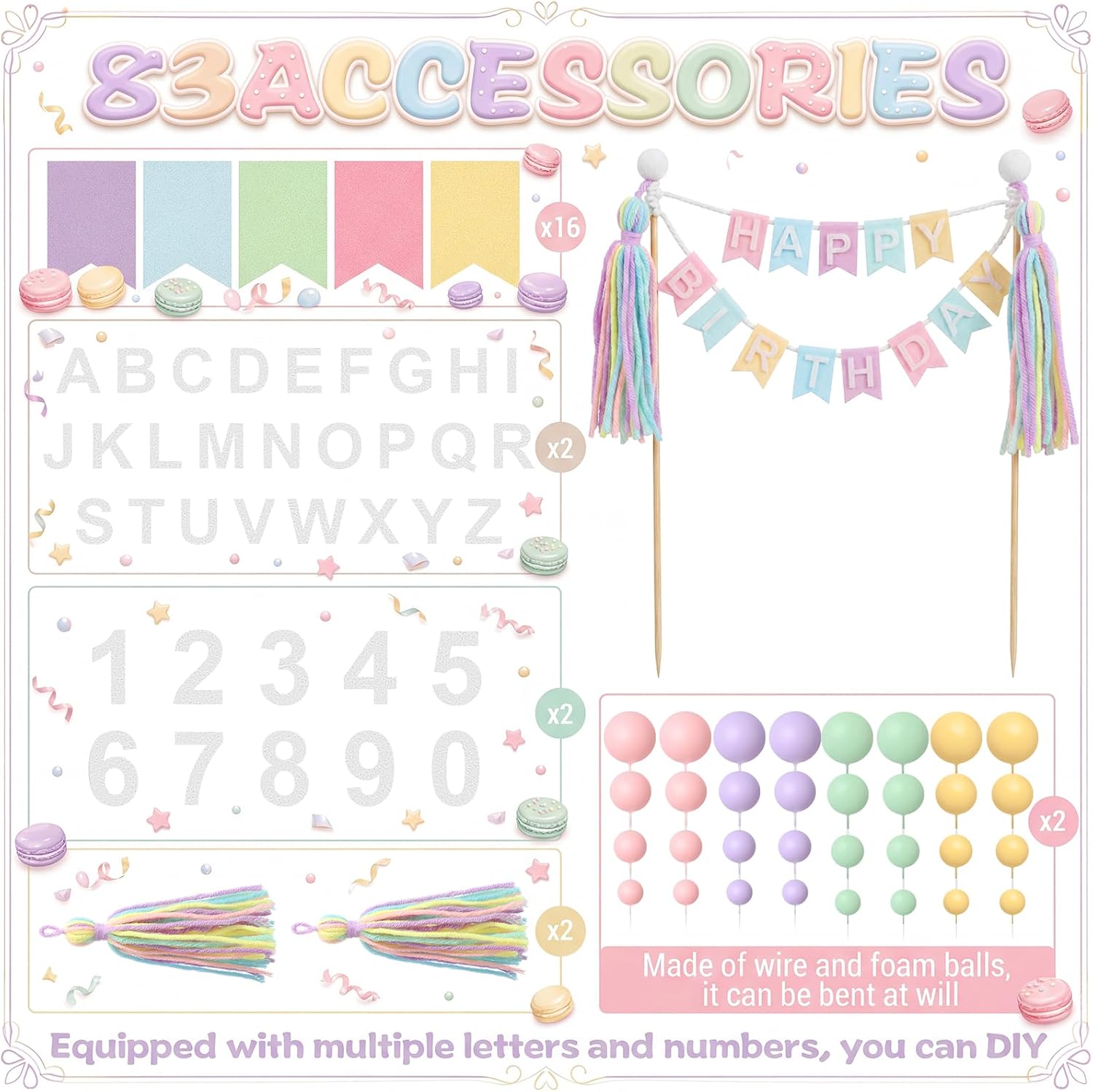 Breling 112 Pcs Custom Cake Banner Topper Set with Ball Cake Topper Decorations for DIY Personalized Handmade Flag Banner Custom Name Birthday Toppers for Boys Girls Birthday Baby Shower(Macarons)