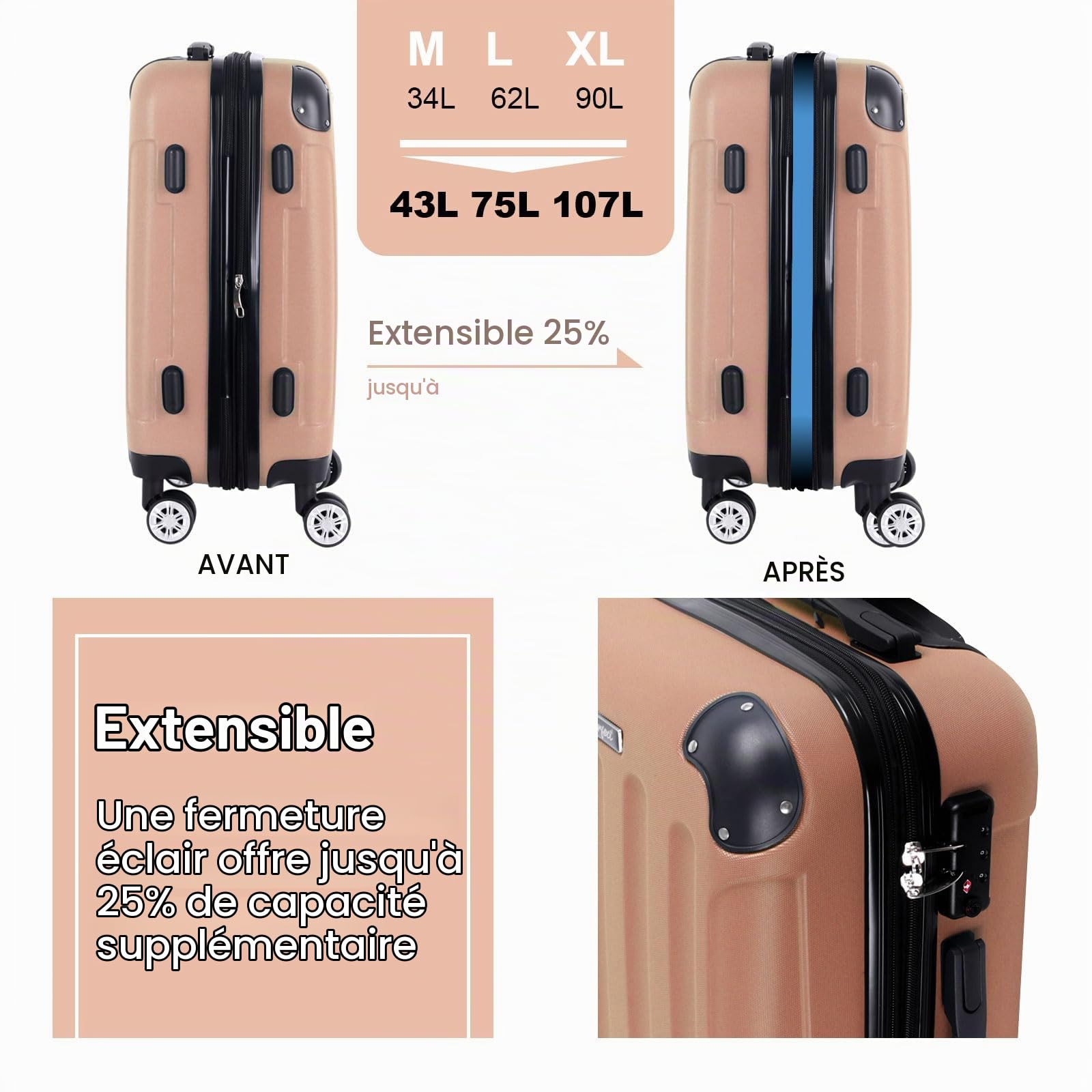 Set de 3 valises rigides en ABS, serrure TSA, capacité extensible - Tailles M, L, XL - Protection coins, roulettes silencieuses 360°, poignée télescopique, convient pour bagage cabine & empilable