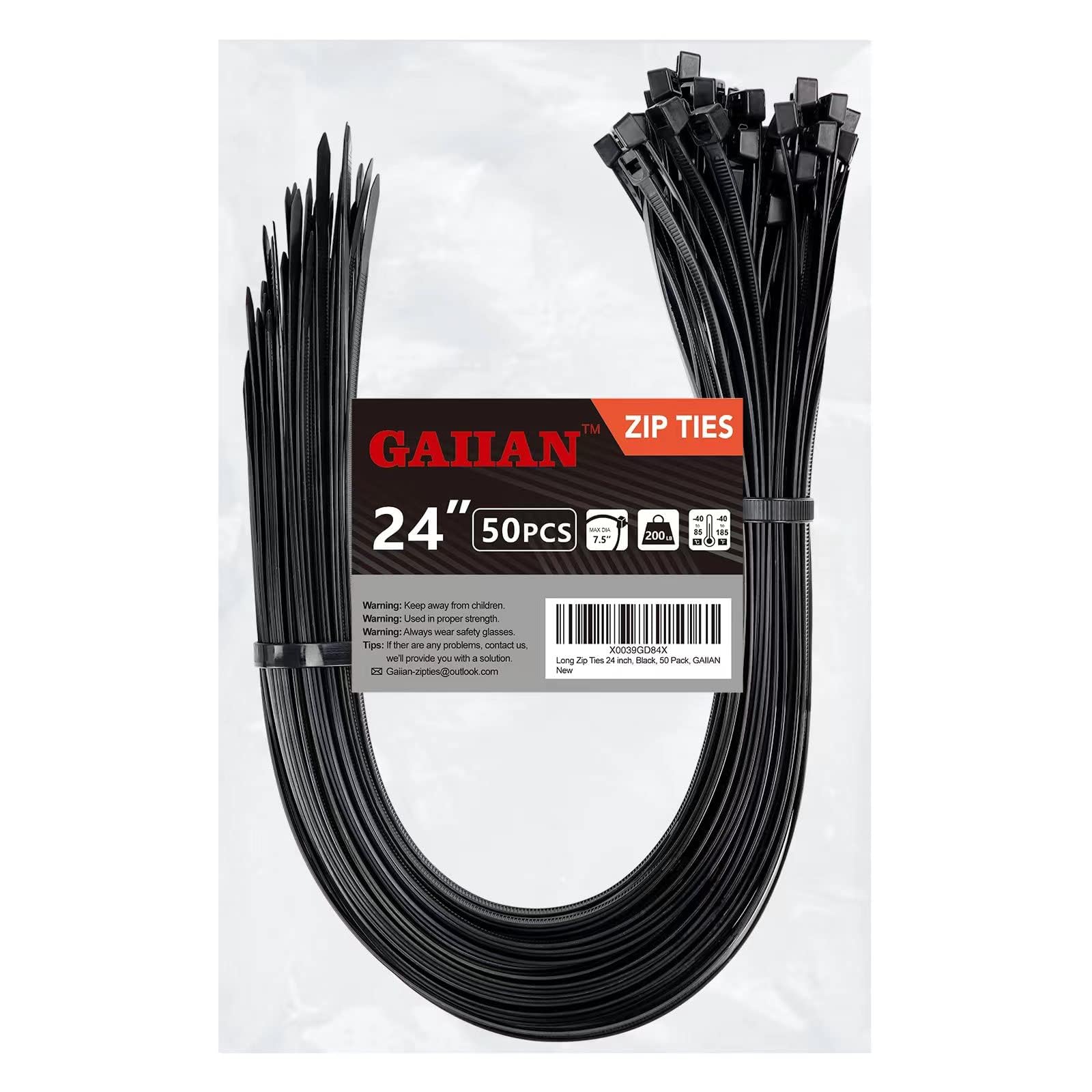 Long Zip Ties Heavy Duty 24 inch, Large Zip Ties with 200 lbs Tensile Strength, Big Cable Ties, Black, 50 Pack, by GAIIAN-image-39