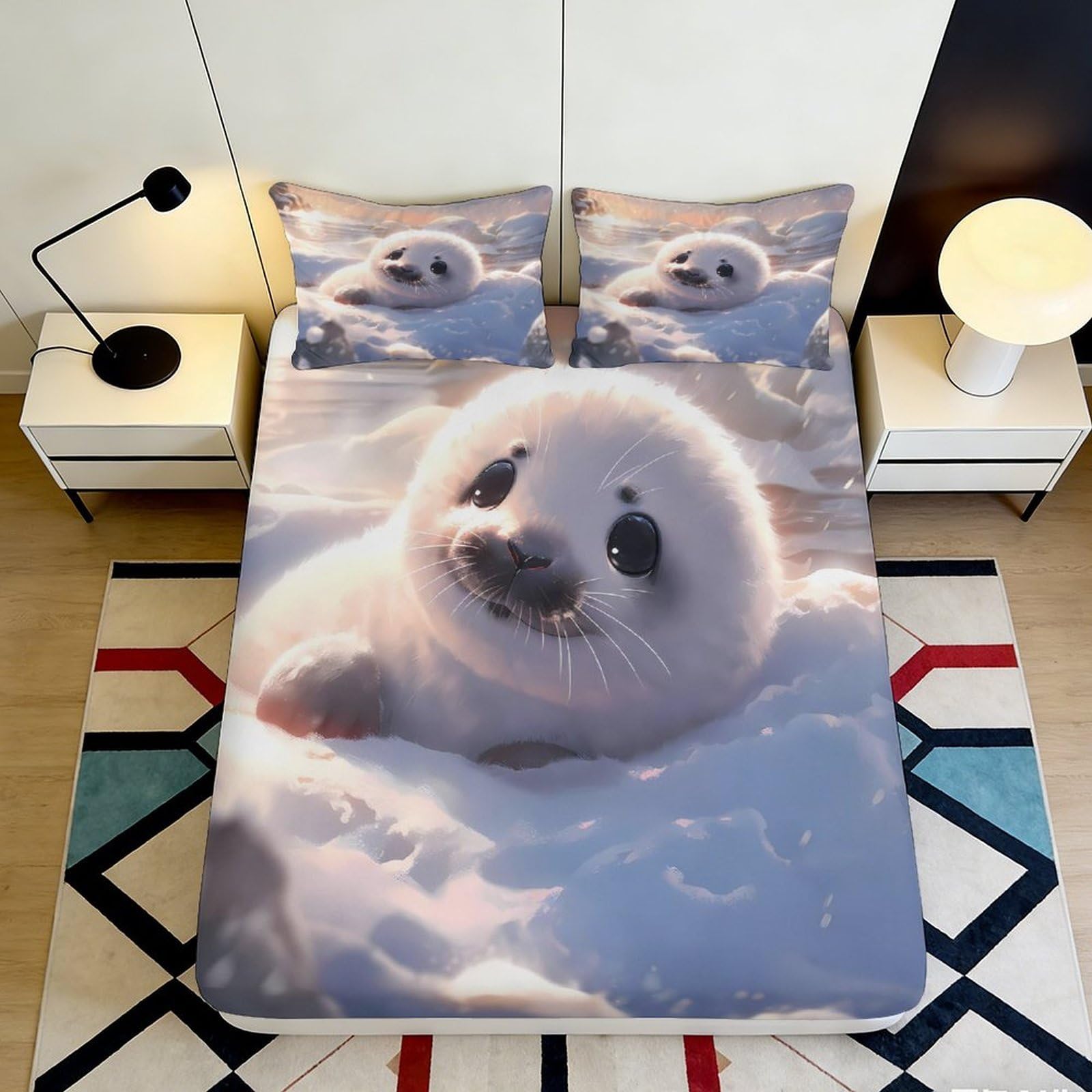 Uynsixtme Style-7 3D Printed Snow Seal Fitted Sheet Microfiber Deep Pocket Bedroom Bedding Snow Seal Mattress Fitted Cover Non-Slip Wrap 200X200x25cm