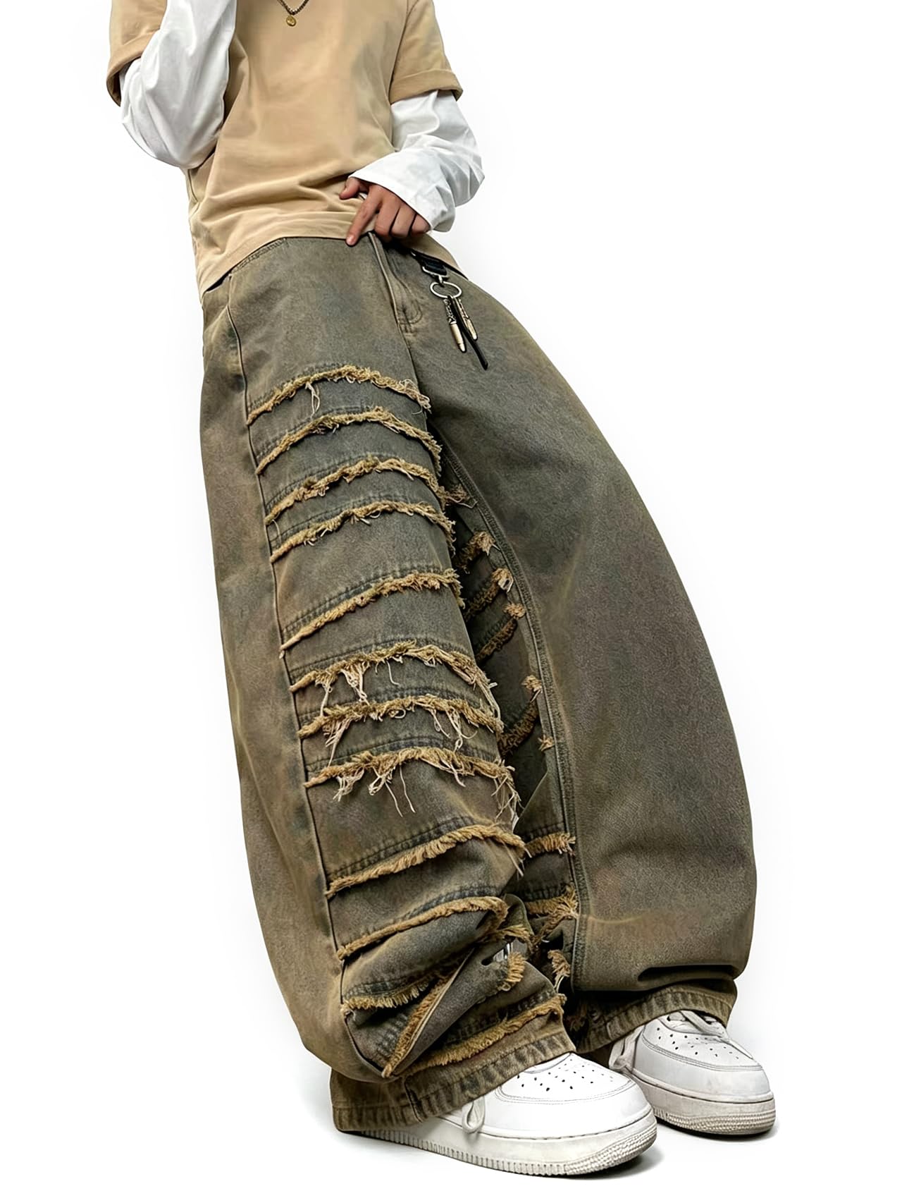 DFGIGT Mens Baggy Jeans Street Rock Style Fringe Frayed Edges
