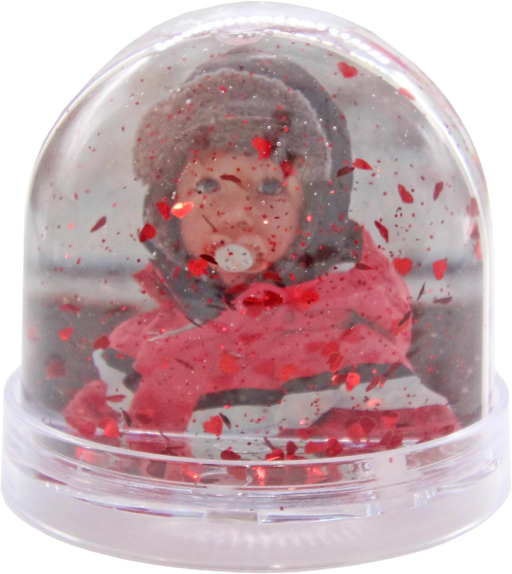 Snow Globe, Photo Frame Glitter Globe Ornament Dome holds 2 x 62 x 70 mm photos, Clear Base, Glitter Heart (Red) - Ideal Personalised Gifts, Father's Day Presents