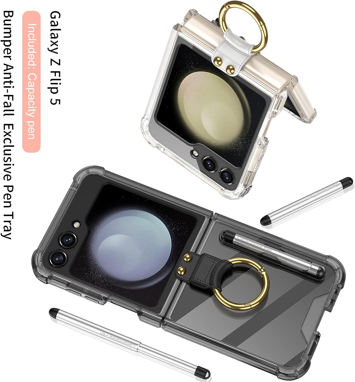 for Samsung Galaxy Z Flip 5 Clear Case with Pen and Ring,Ultra Thin Transparent Anti-Fall Phone Protective Cover for Samsung Galaxy Z Flip 5 5G (ZFlip5-Ring-Purple)