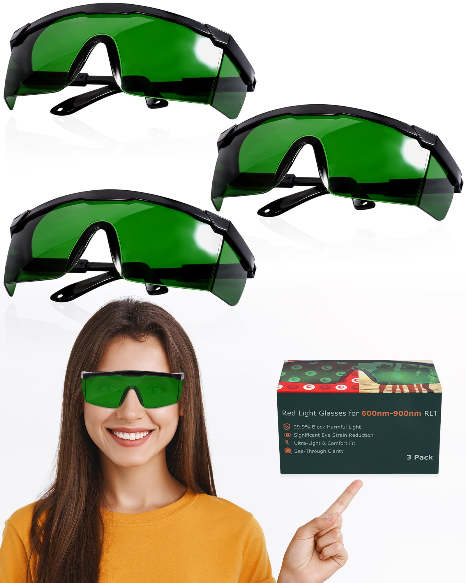 LIGHTMEUP Red Light Therapy Glasses Eye Protection for Infrared & LED Sessions Deep Green Goggles with 200-2000nm Harmful Wavelength Blocking, Maintain Visibility Full-Coverage Adjustable Leg 3 Pairs : Health & Household